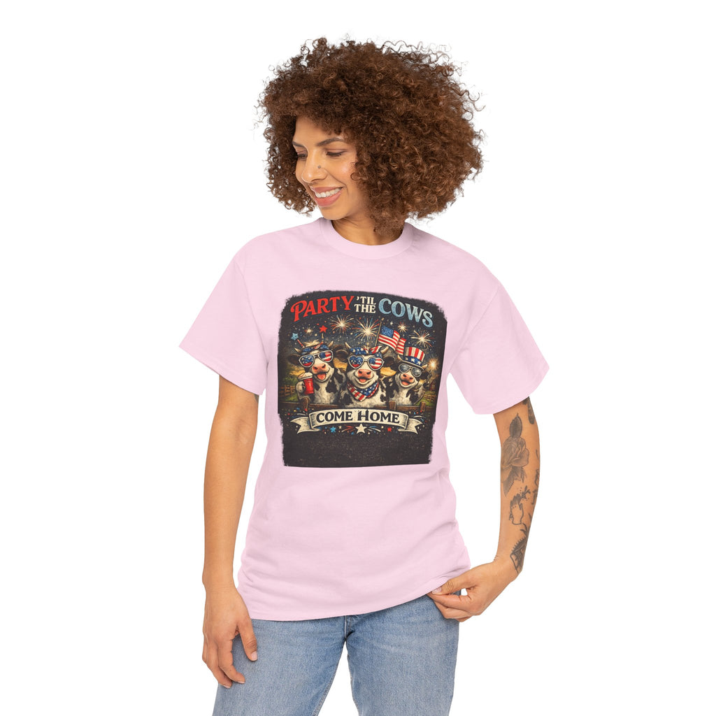 Independence Day 'Party 'Til the Cows Come Home' T-Shirt — Fireworks & Cow Graphic