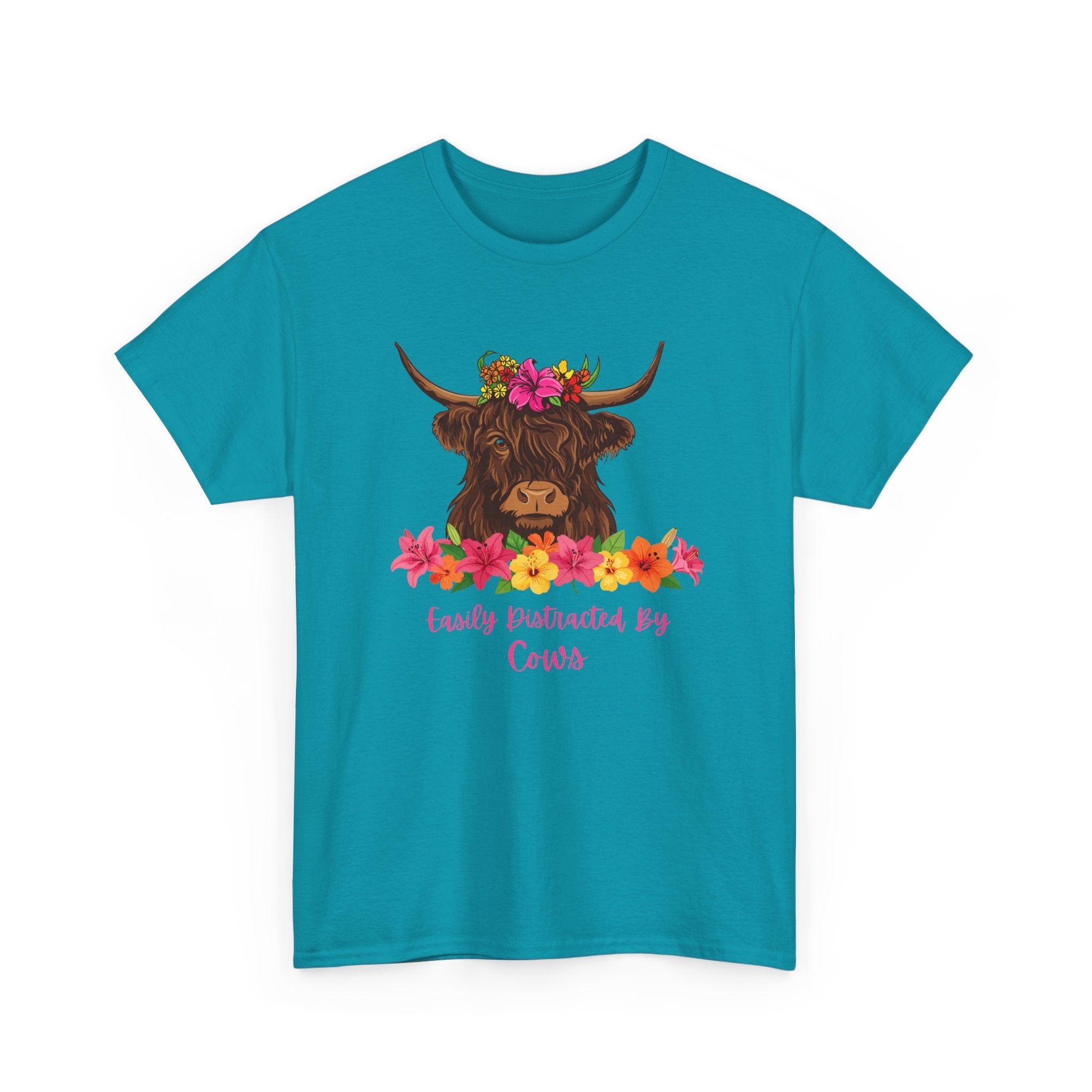 Cow Mom Floral Tee — 'Easily Distracted By Cows' Highland Cow Graphic Shirt