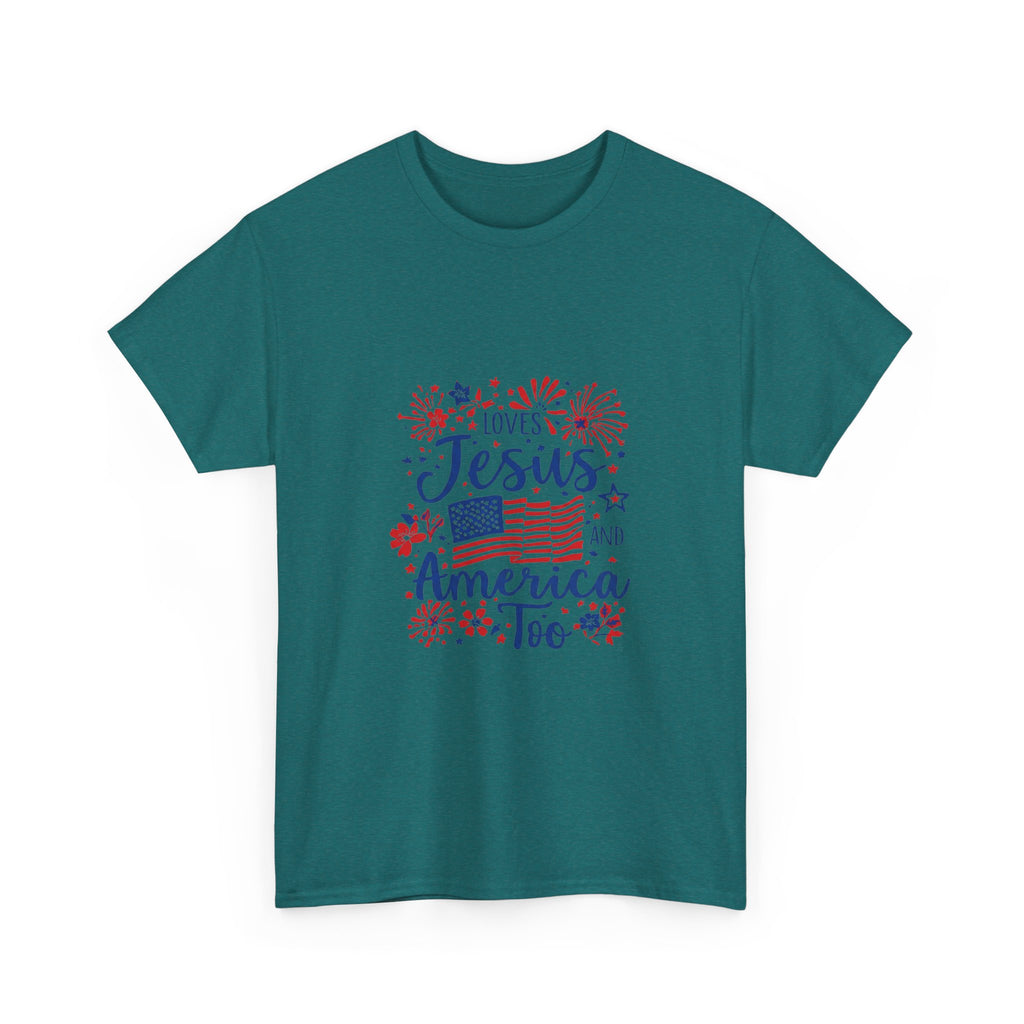 Jesus and America Tee — Patriotic Christian T-Shirt ("Loves Jesus and America Too")