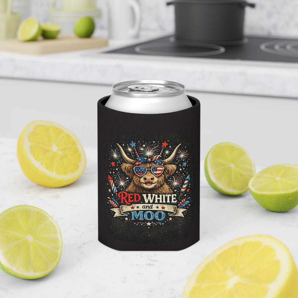 Patriotic 'Red White and Moo' Can Cooler — 4th of July Beer Koozie