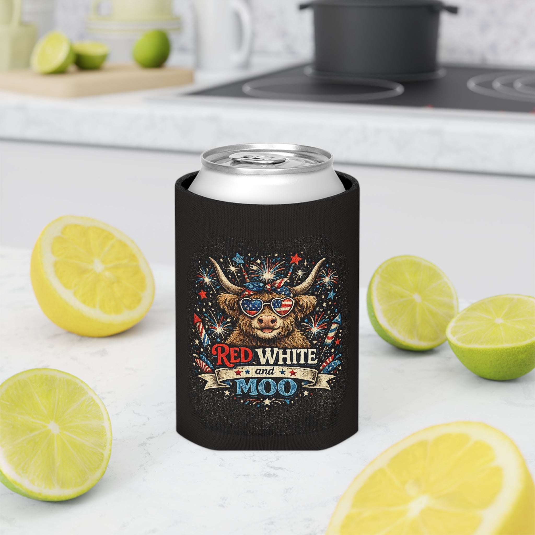 Patriotic 'Red White and Moo' Can Cooler — 4th of July Beer Koozie