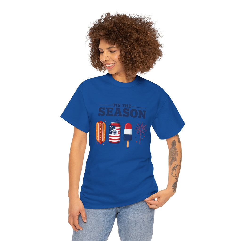 Fourth of July Tee — "'Tis the Season" Patriotic Hot Dog, Popsicle & Fireworks T-Shirt