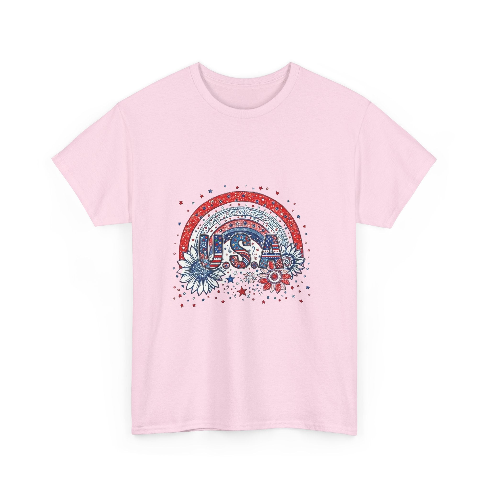 USA Retro Rainbow T-Shirt — Patriotic Fourth of July Tee with Stars & Flowers
