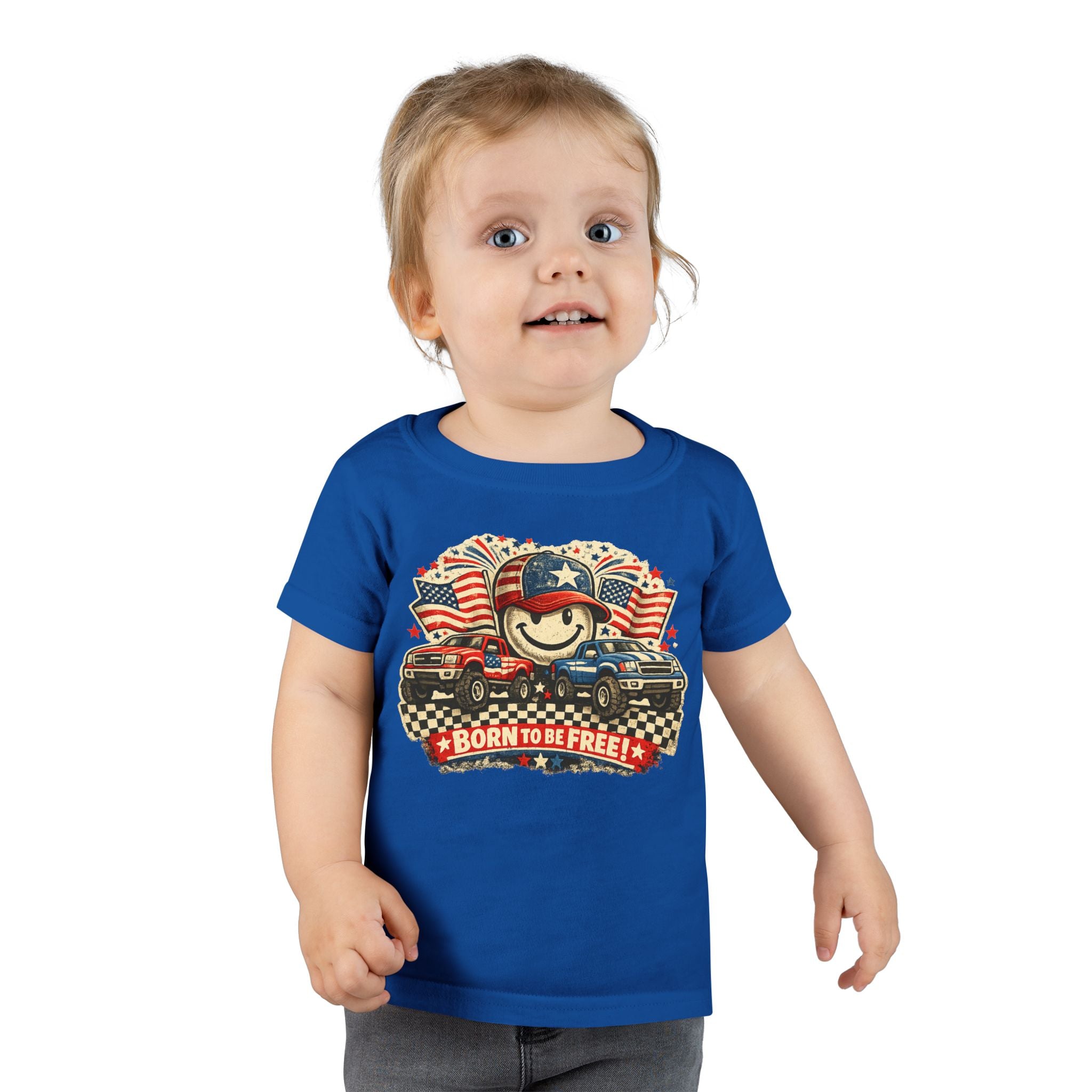Toddler T‑Shirt — "Born to Be Free" Patriotic Trucks Graphic