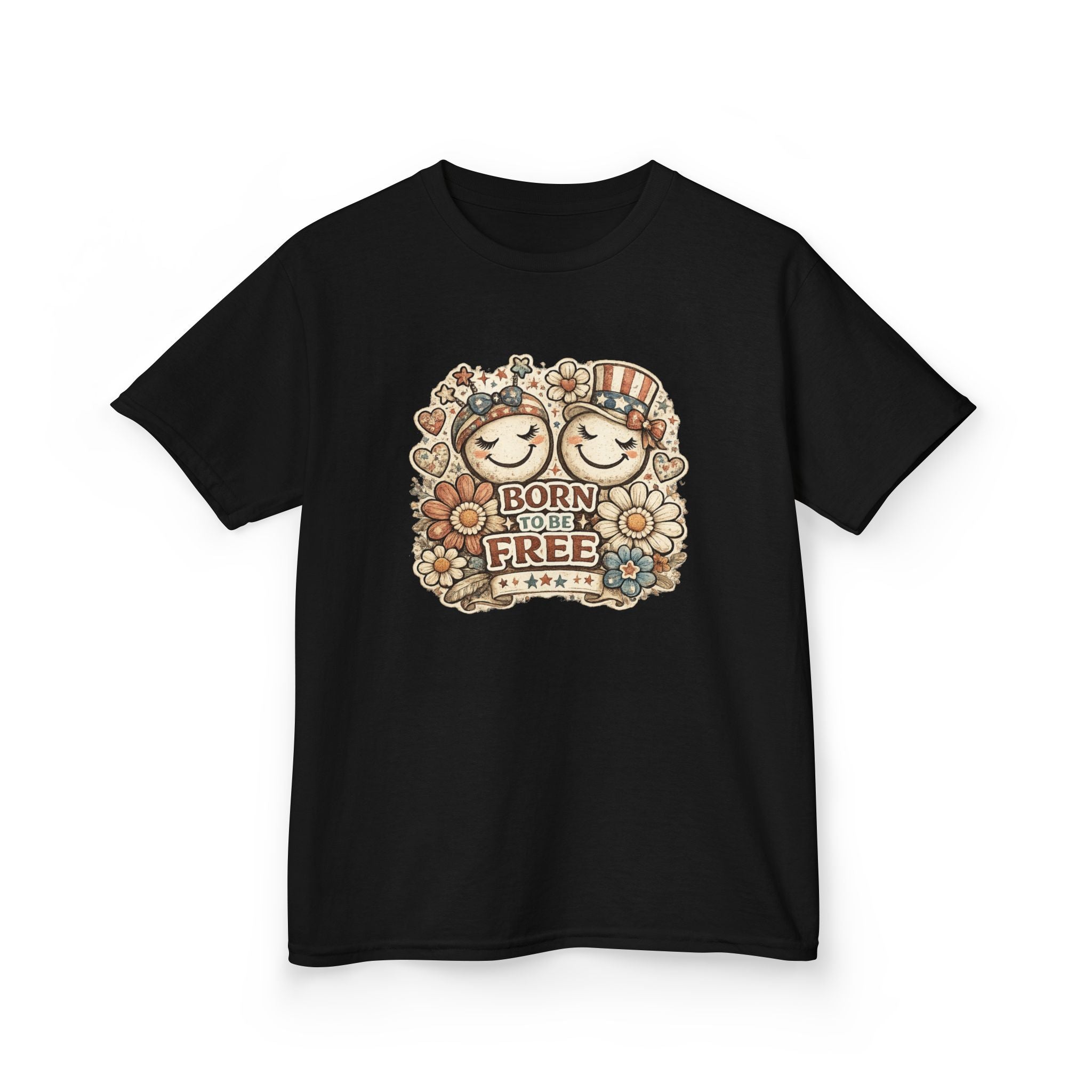 Kids T-Shirt – 'Born Free' Retro Smiley Flower Graphic