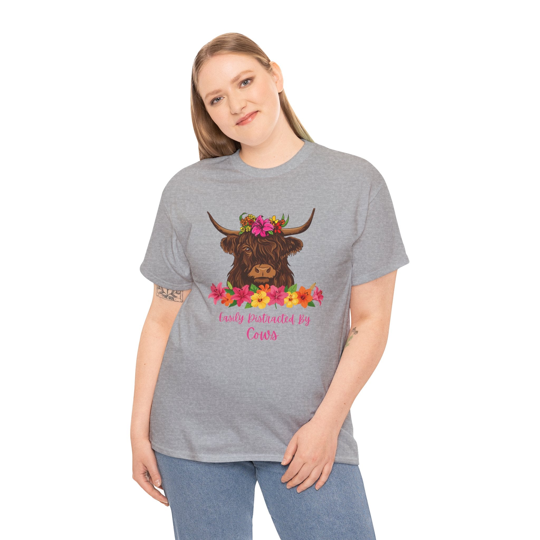 Cow Mom Floral Tee — 'Easily Distracted By Cows' Highland Cow Graphic Shirt