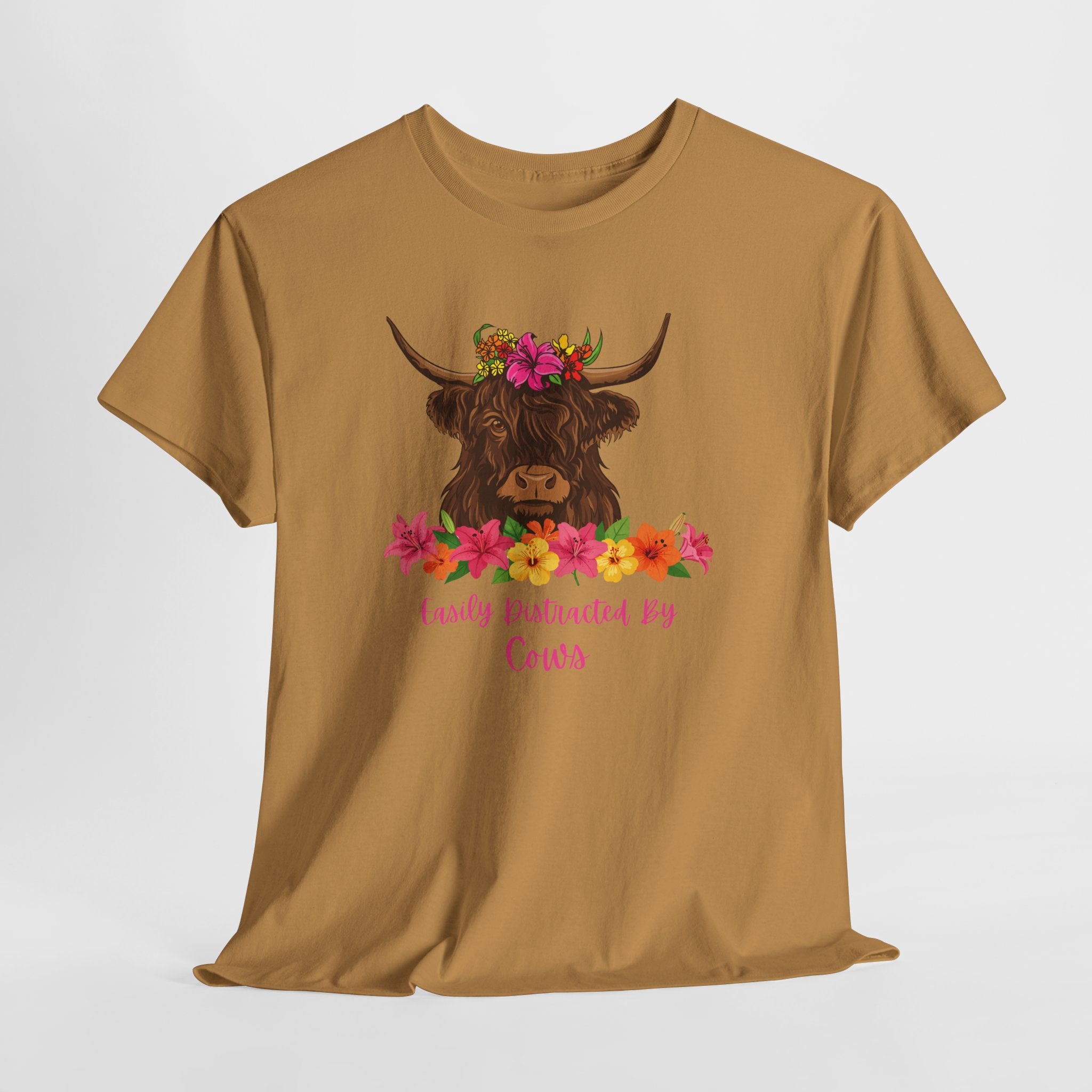 Cow Mom Floral Tee — 'Easily Distracted By Cows' Highland Cow Graphic Shirt