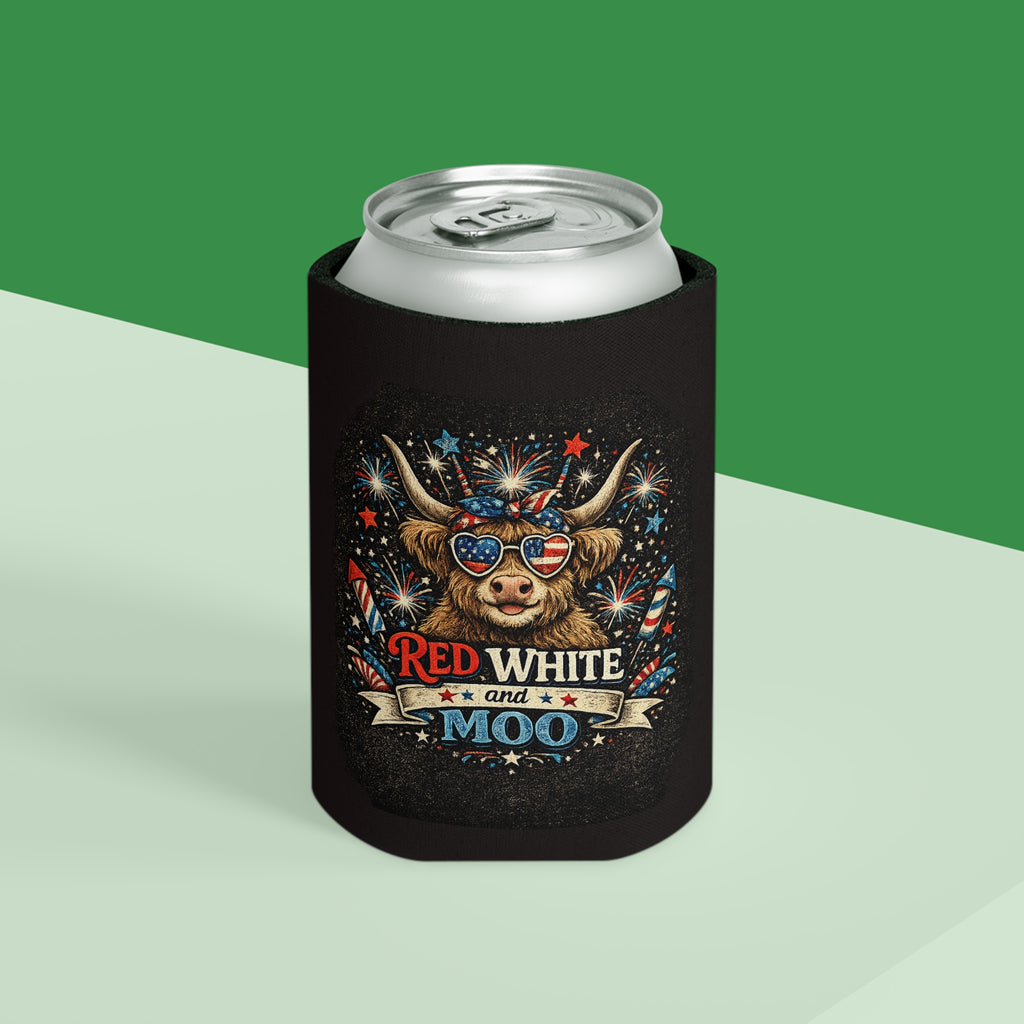 Patriotic 'Red White and Moo' Can Cooler — 4th of July Beer Koozie
