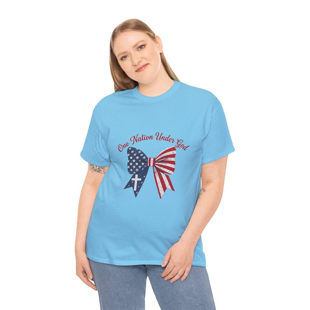 Patriotic Bow Tee — "One Nation Under God" American Flag Cross T-Shirt