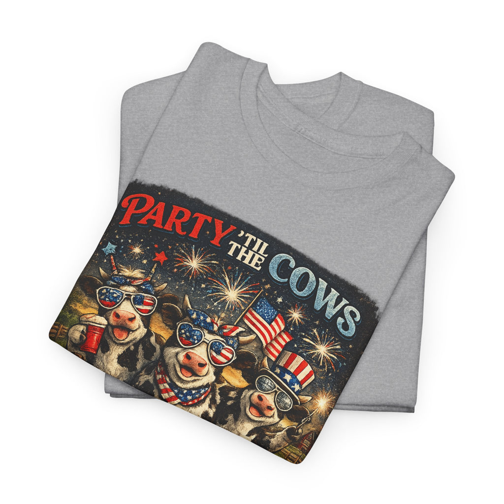 Independence Day 'Party 'Til the Cows Come Home' T-Shirt — Fireworks & Cow Graphic