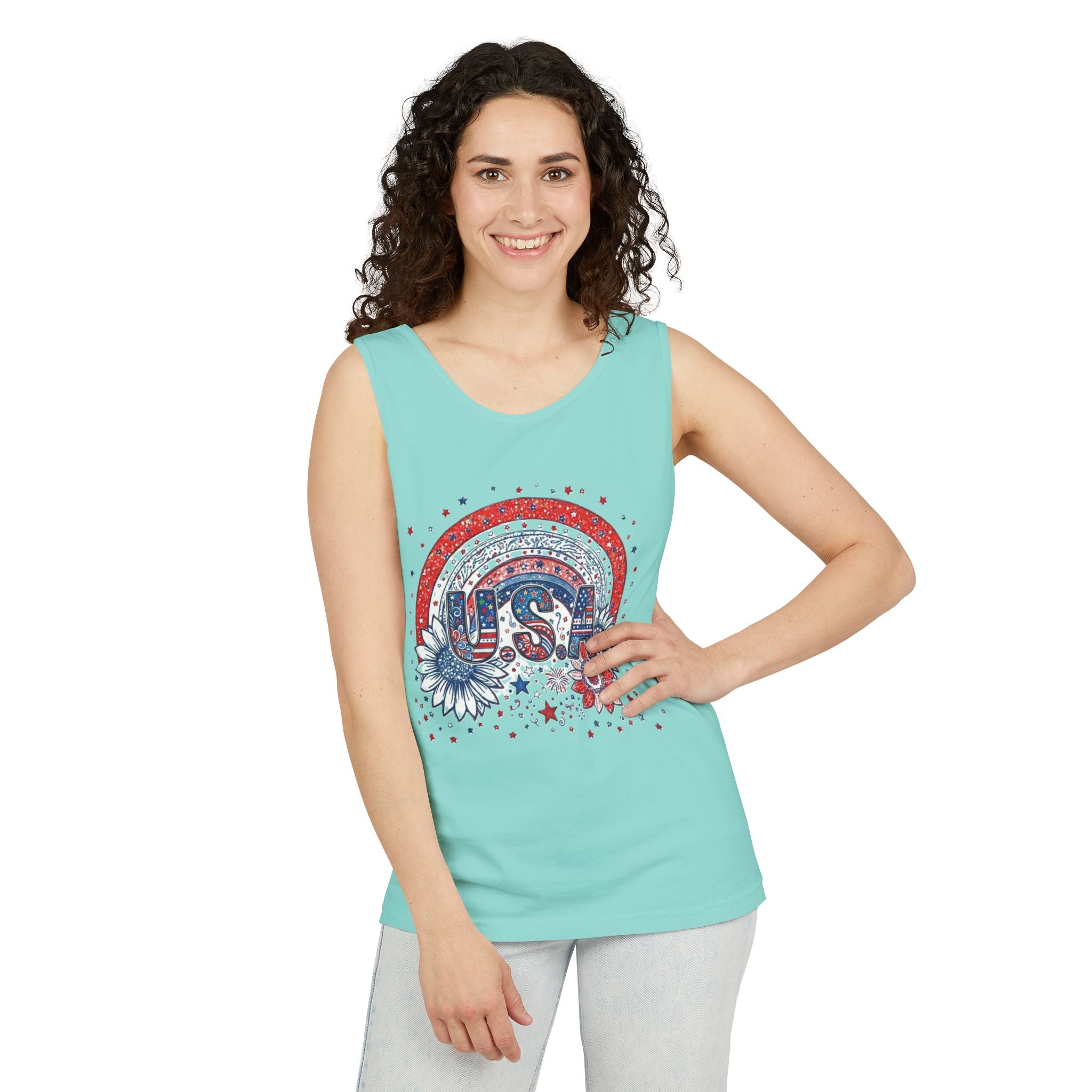 USA Rainbow Floral Tank Top — Patriotic 4th of July Sleeveless Tee