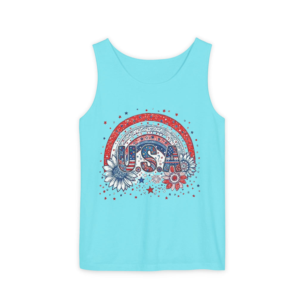 USA Rainbow Floral Tank Top — Patriotic 4th of July Sleeveless Tee