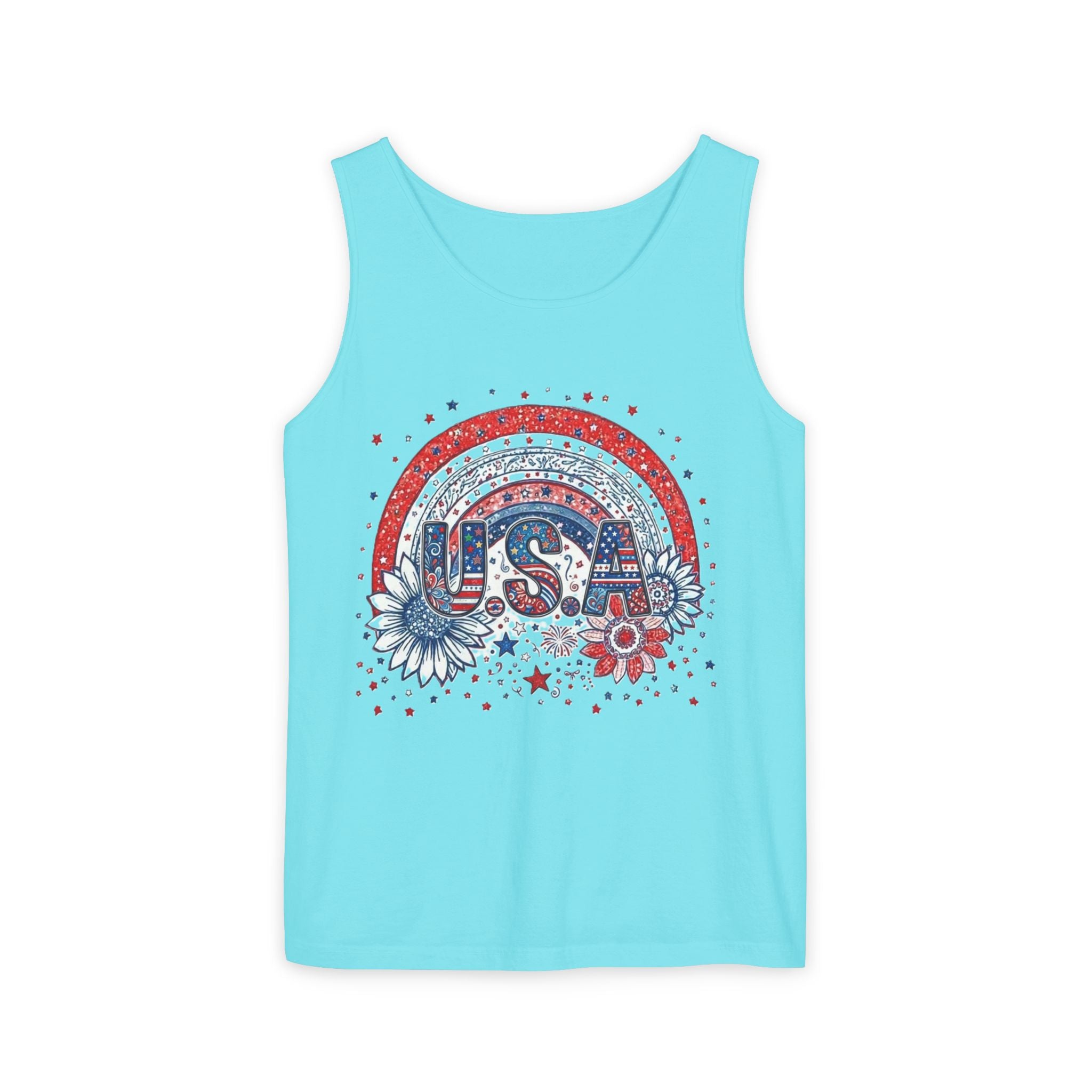 USA Rainbow Floral Tank Top — Patriotic 4th of July Sleeveless Tee