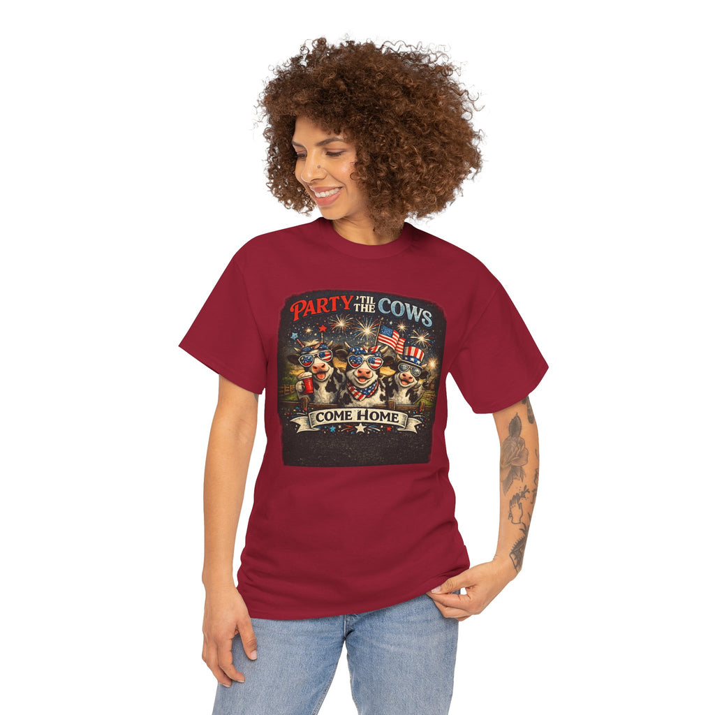 Independence Day 'Party 'Til the Cows Come Home' T-Shirt — Fireworks & Cow Graphic