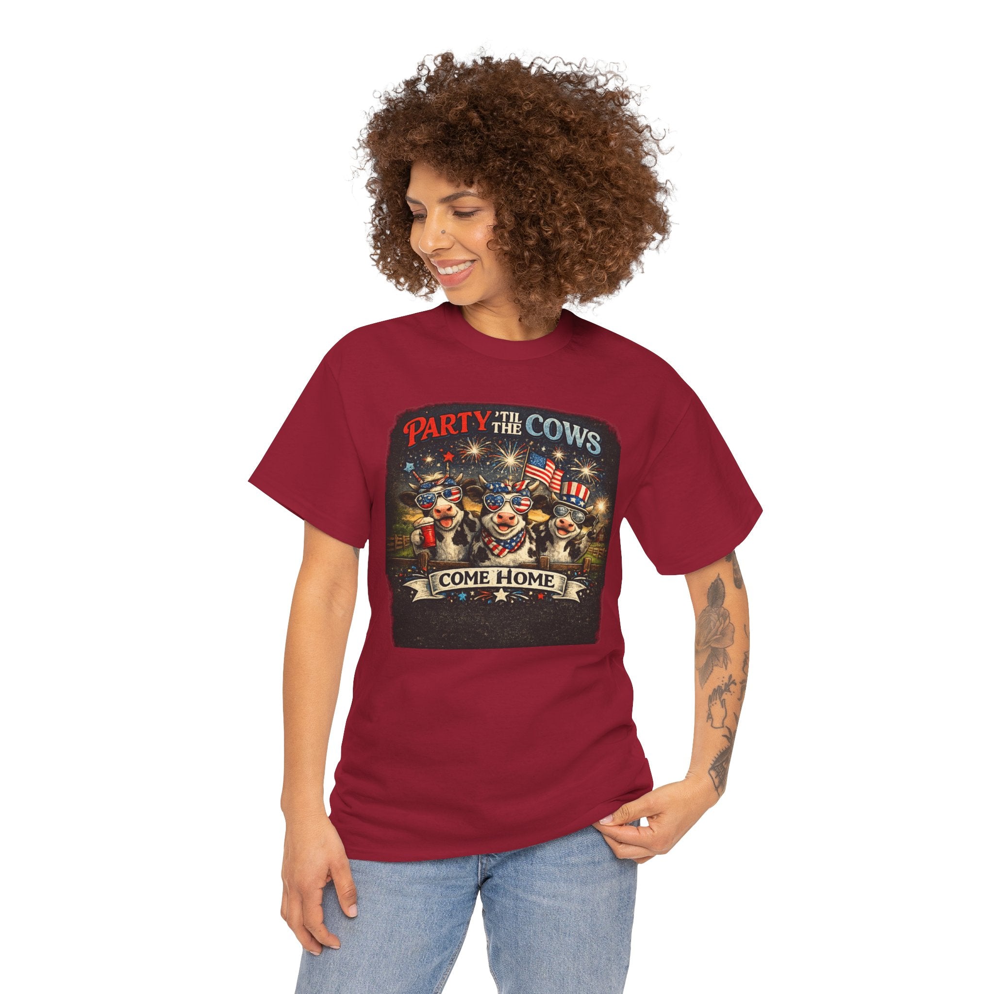 Independence Day 'Party 'Til the Cows Come Home' T-Shirt — Fireworks & Cow Graphic