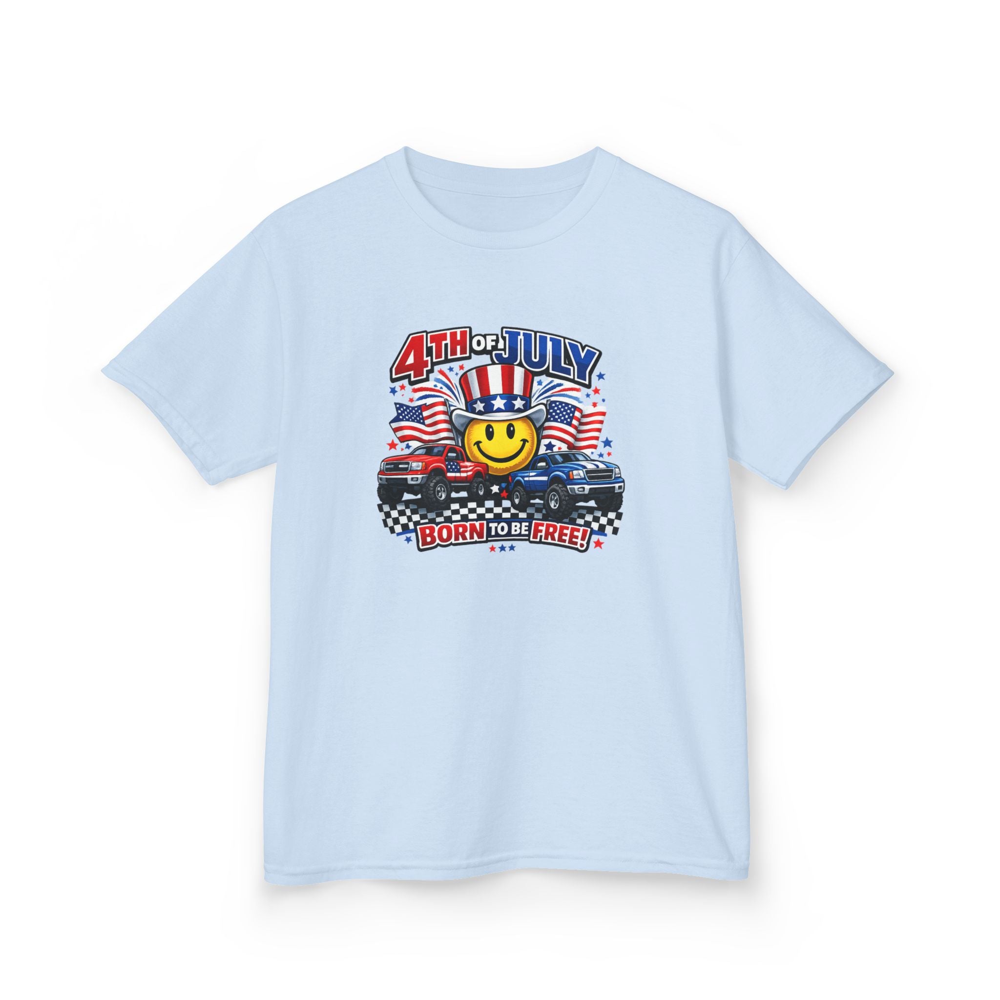 Kids Tee — 4th of July 'Born to Be Free' Smiley Flag Design