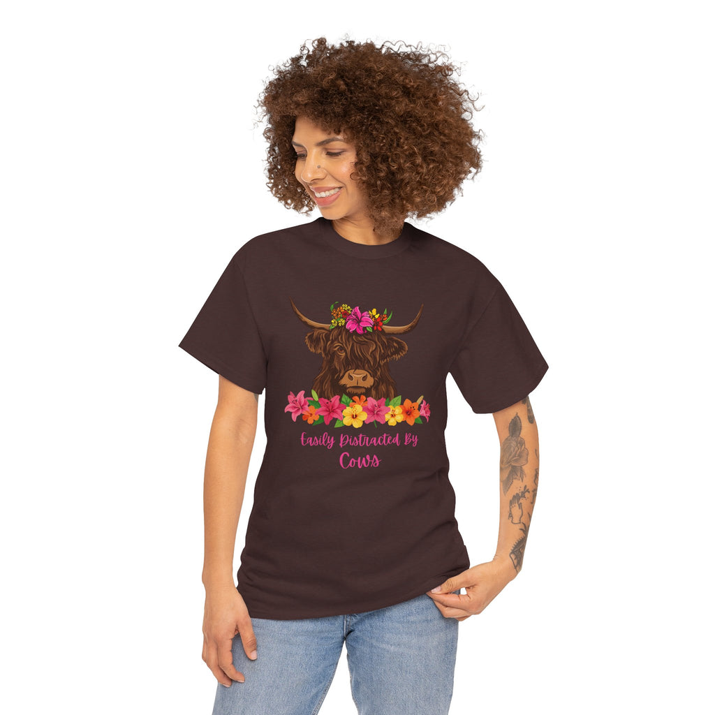Cow Mom Floral Tee — 'Easily Distracted By Cows' Highland Cow Graphic Shirt