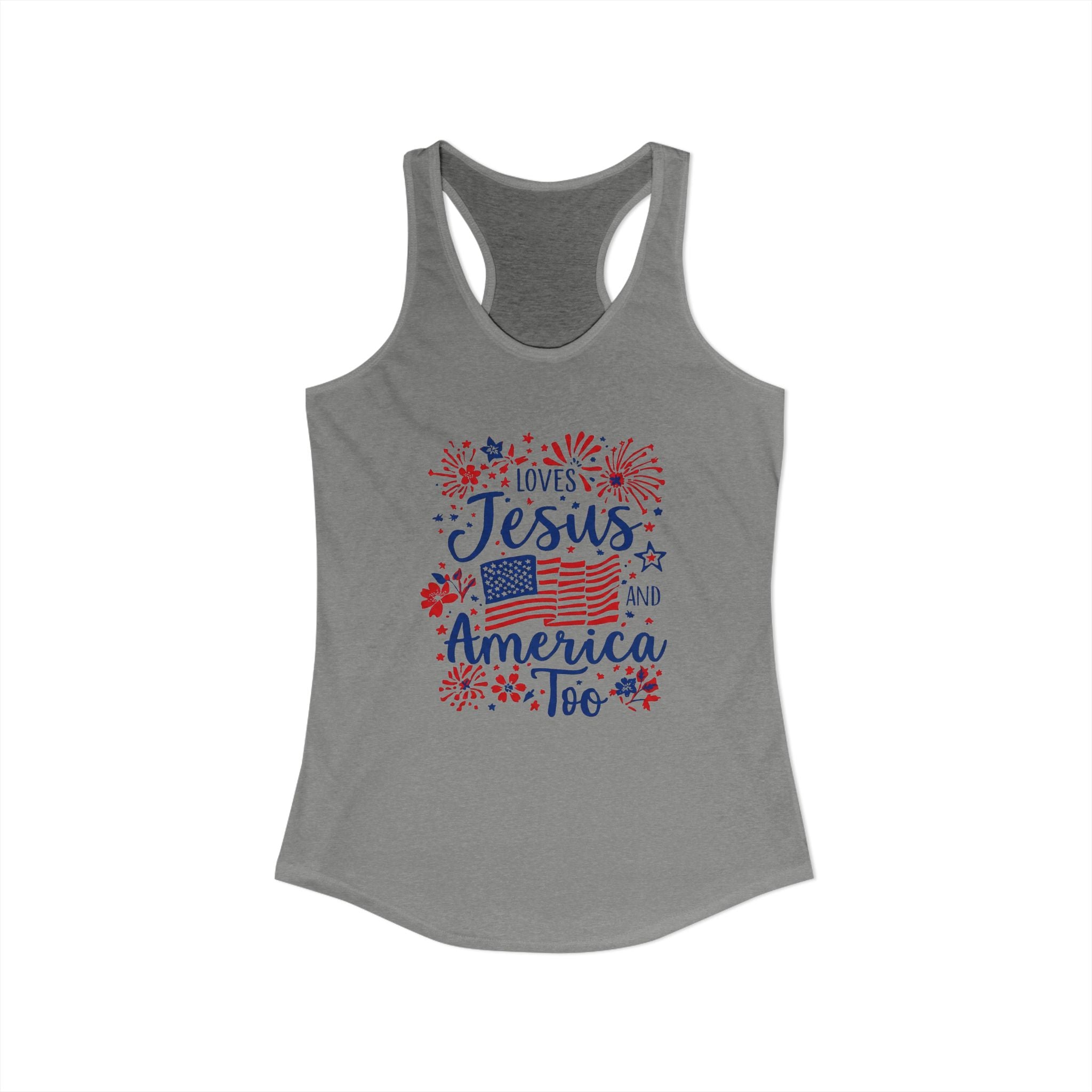 Loves Jesus and America Too Racerback Tank — Patriotic Christian Women's Tank