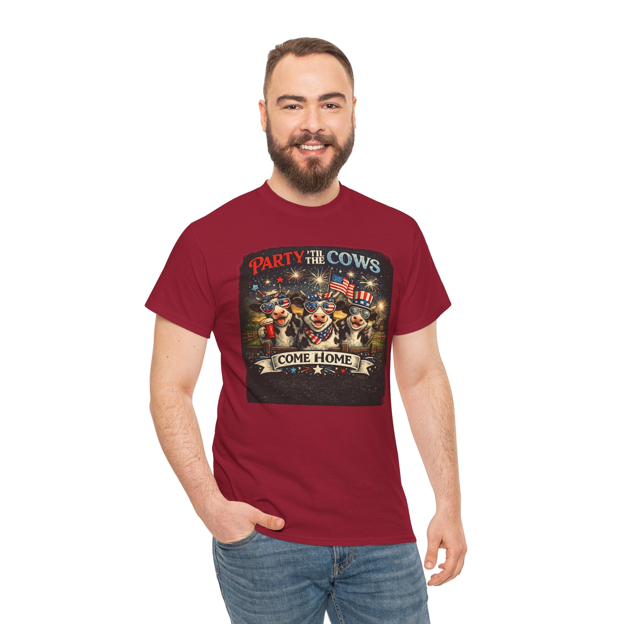 Independence Day 'Party 'Til the Cows Come Home' T-Shirt — Fireworks & Cow Graphic