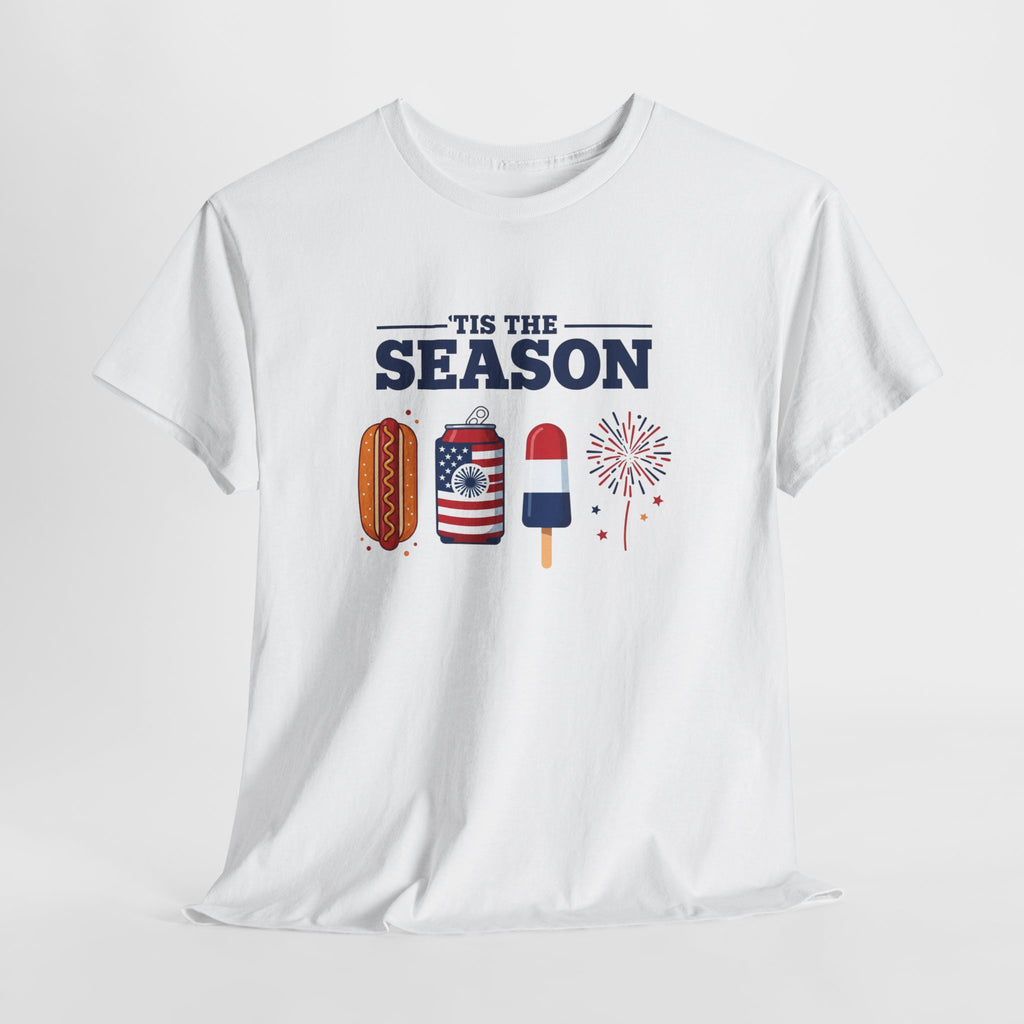 Fourth of July Tee — "'Tis the Season" Patriotic Hot Dog, Popsicle & Fireworks T-Shirt