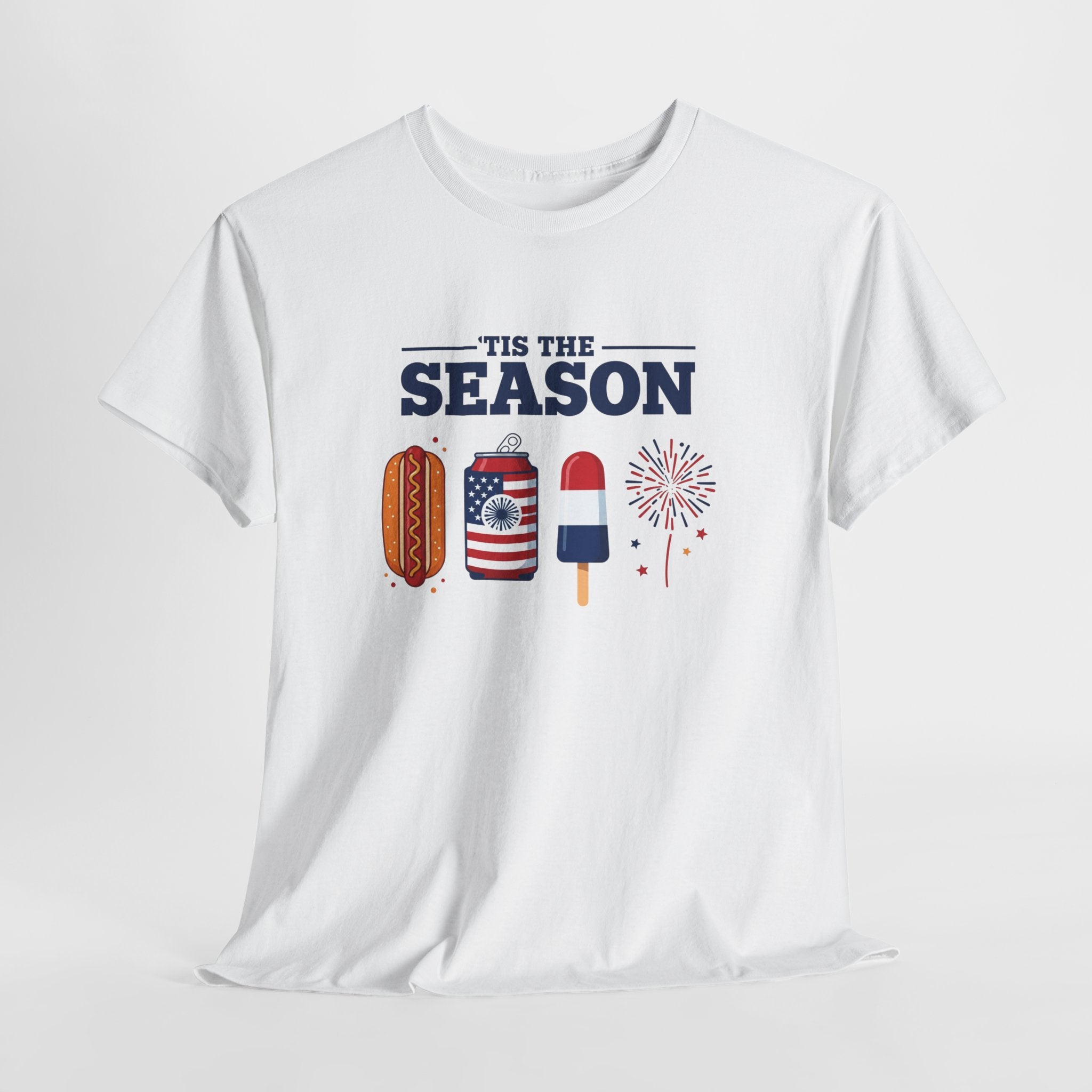 Fourth of July Tee — "'Tis the Season" Patriotic Hot Dog, Popsicle & Fireworks T-Shirt