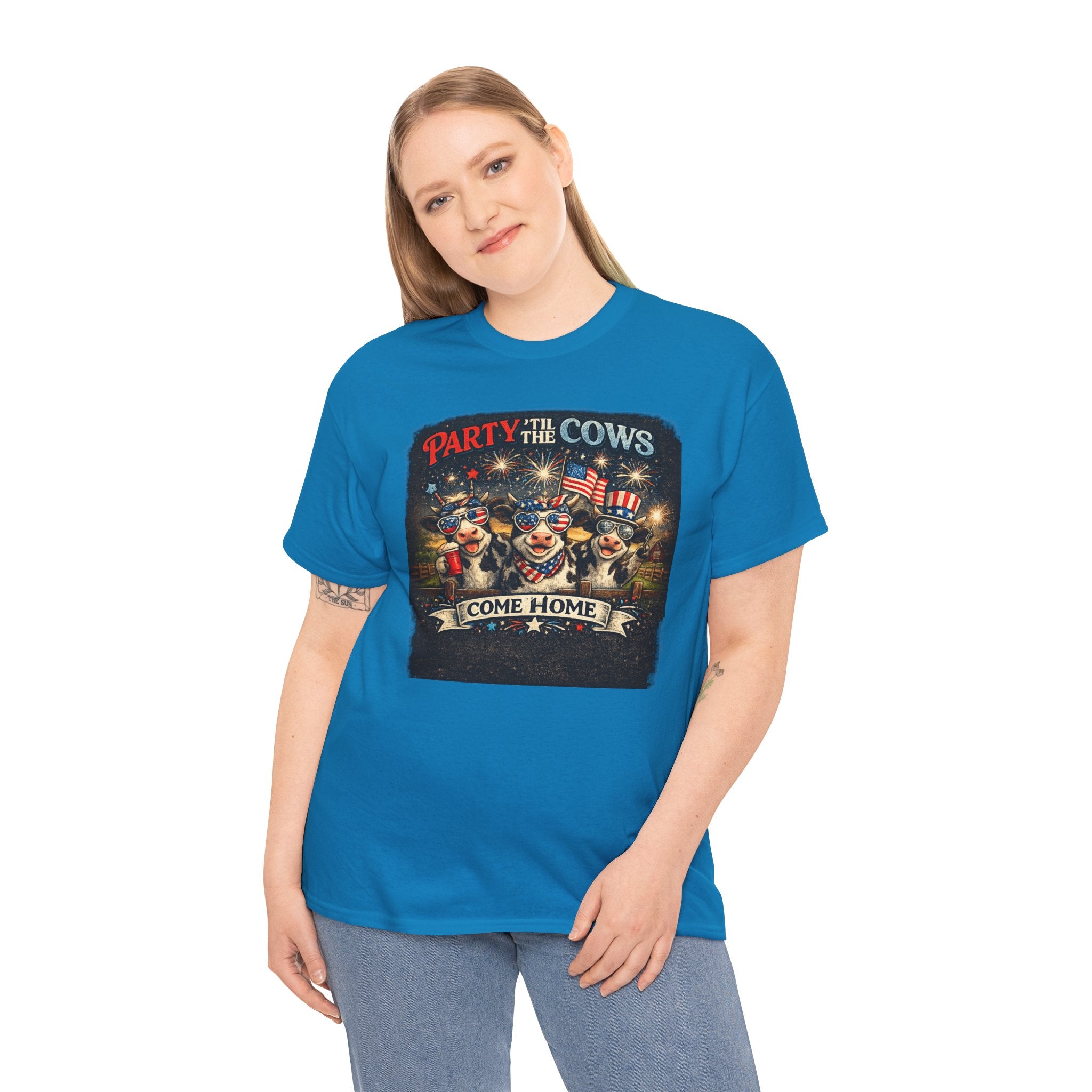 Independence Day 'Party 'Til the Cows Come Home' T-Shirt — Fireworks & Cow Graphic