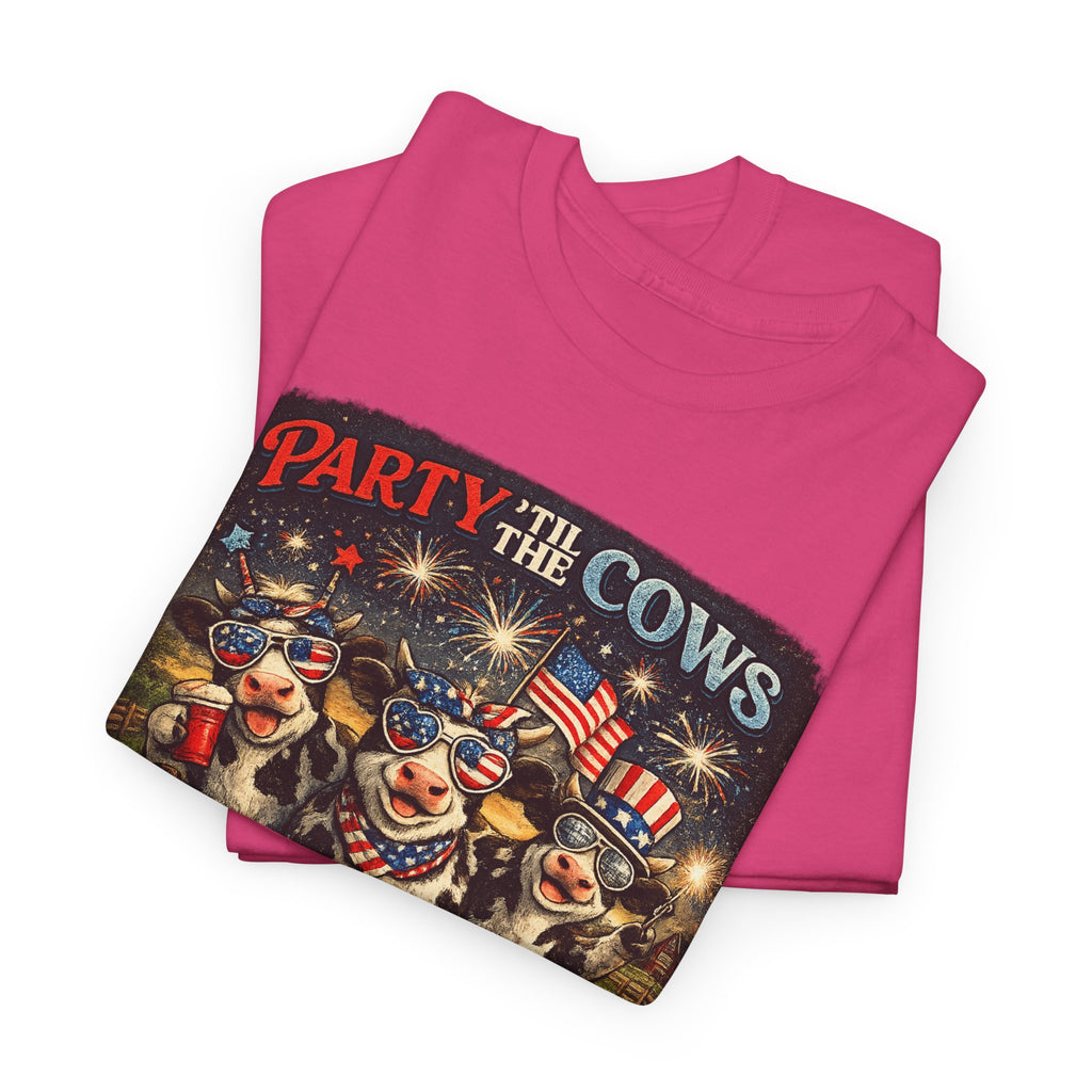 Independence Day 'Party 'Til the Cows Come Home' T-Shirt — Fireworks & Cow Graphic