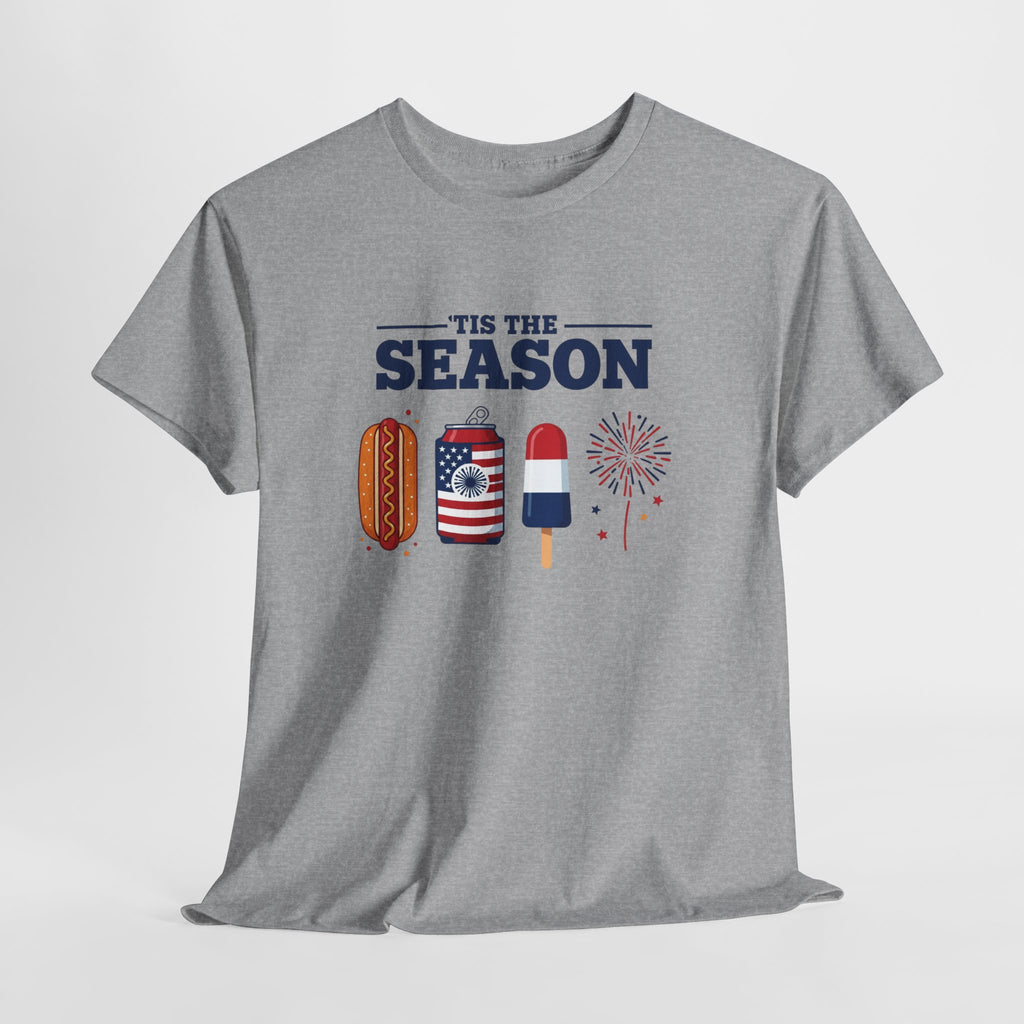 Fourth of July Tee — "'Tis the Season" Patriotic Hot Dog, Popsicle & Fireworks T-Shirt