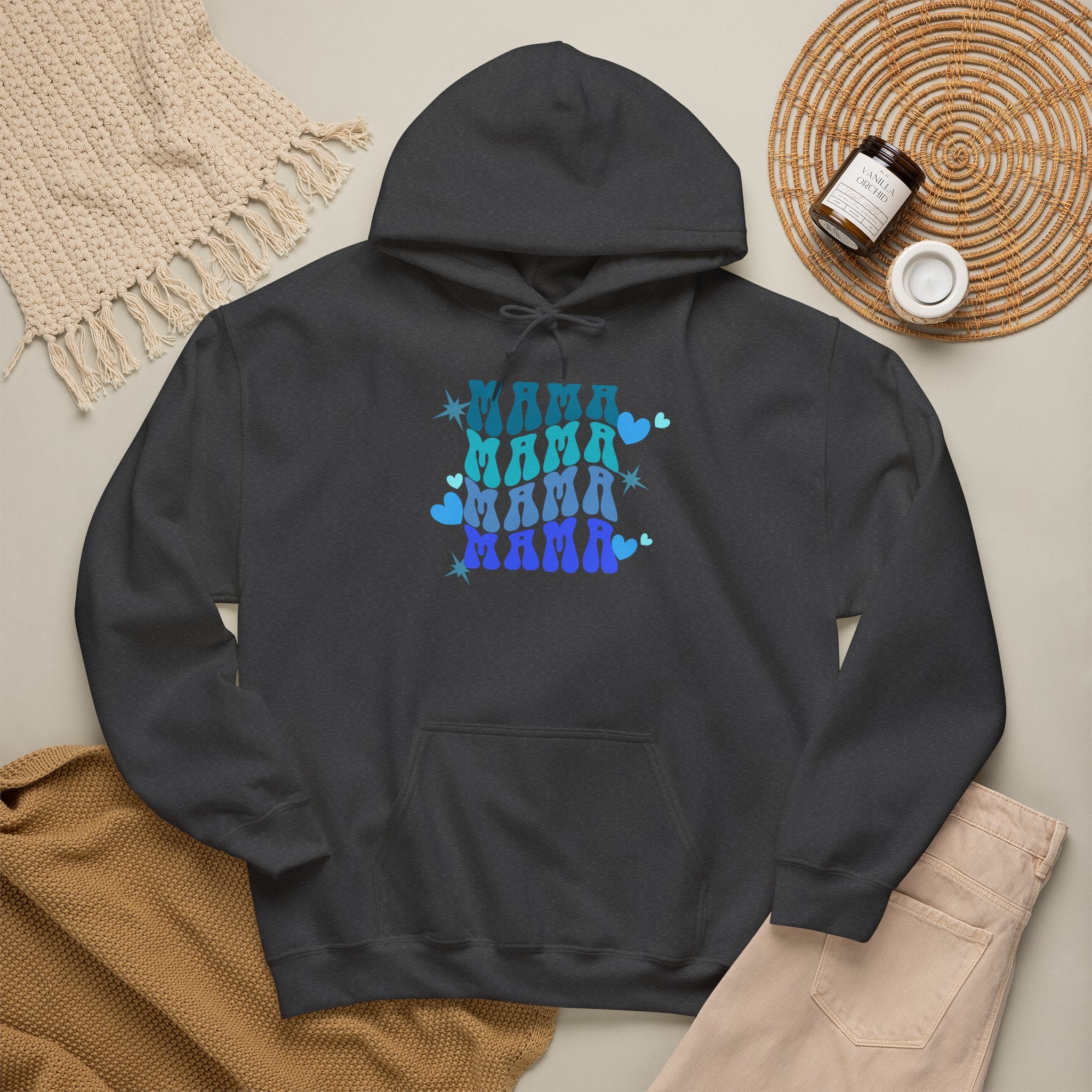 Mama Heart Crewneck Hoodie – Blue Gradient “MAMA” Graphic Sweatshirt