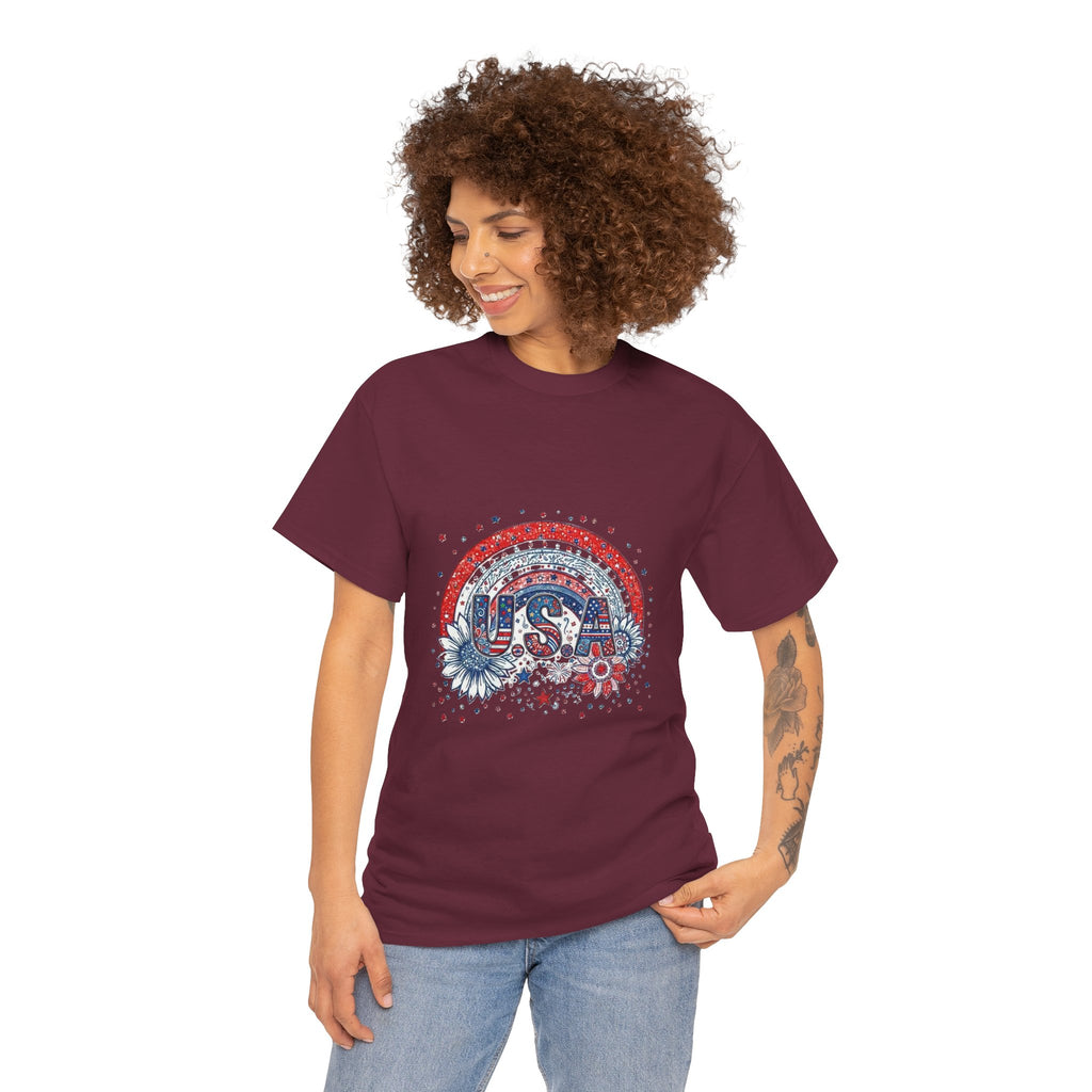 USA Retro Rainbow T-Shirt — Patriotic Fourth of July Tee with Stars & Flowers