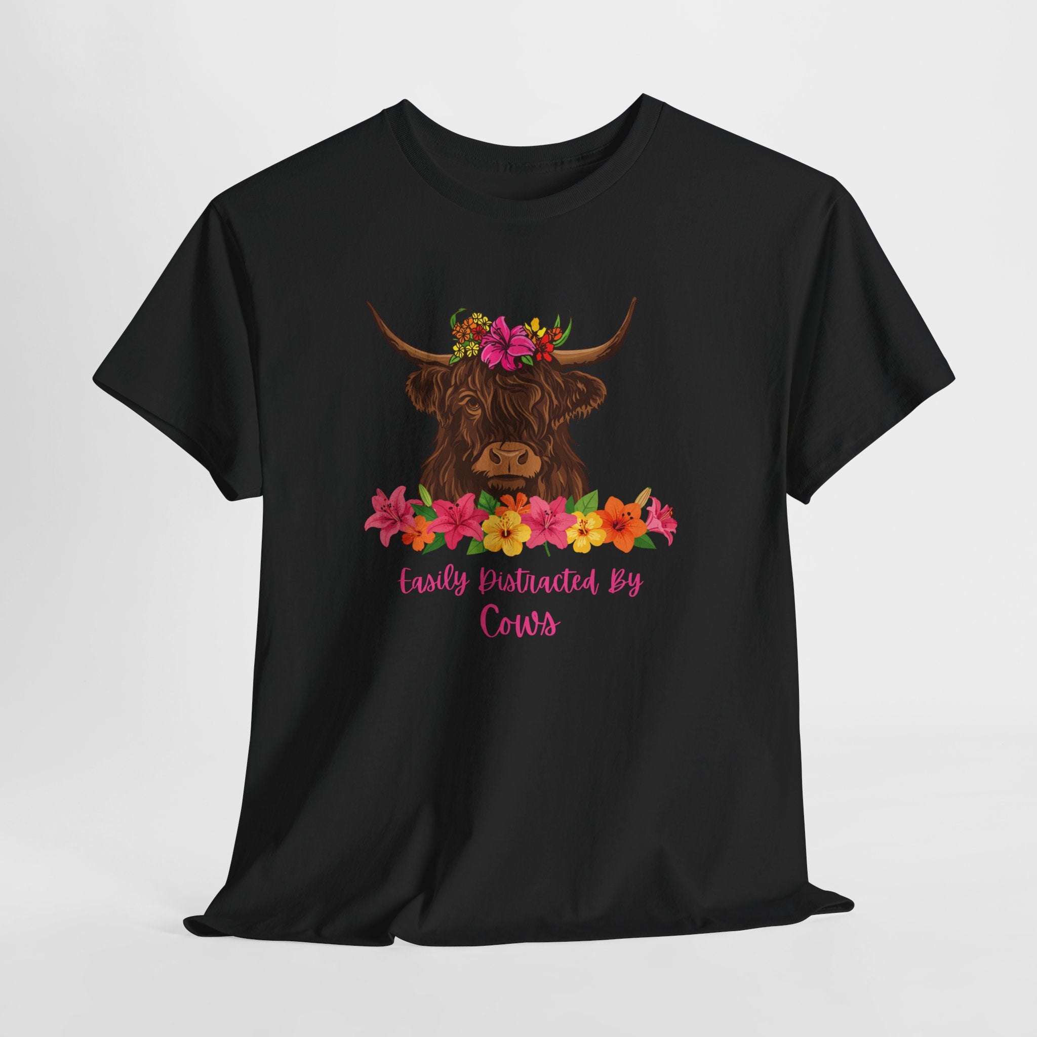 Cow Mom Floral Tee — 'Easily Distracted By Cows' Highland Cow Graphic Shirt
