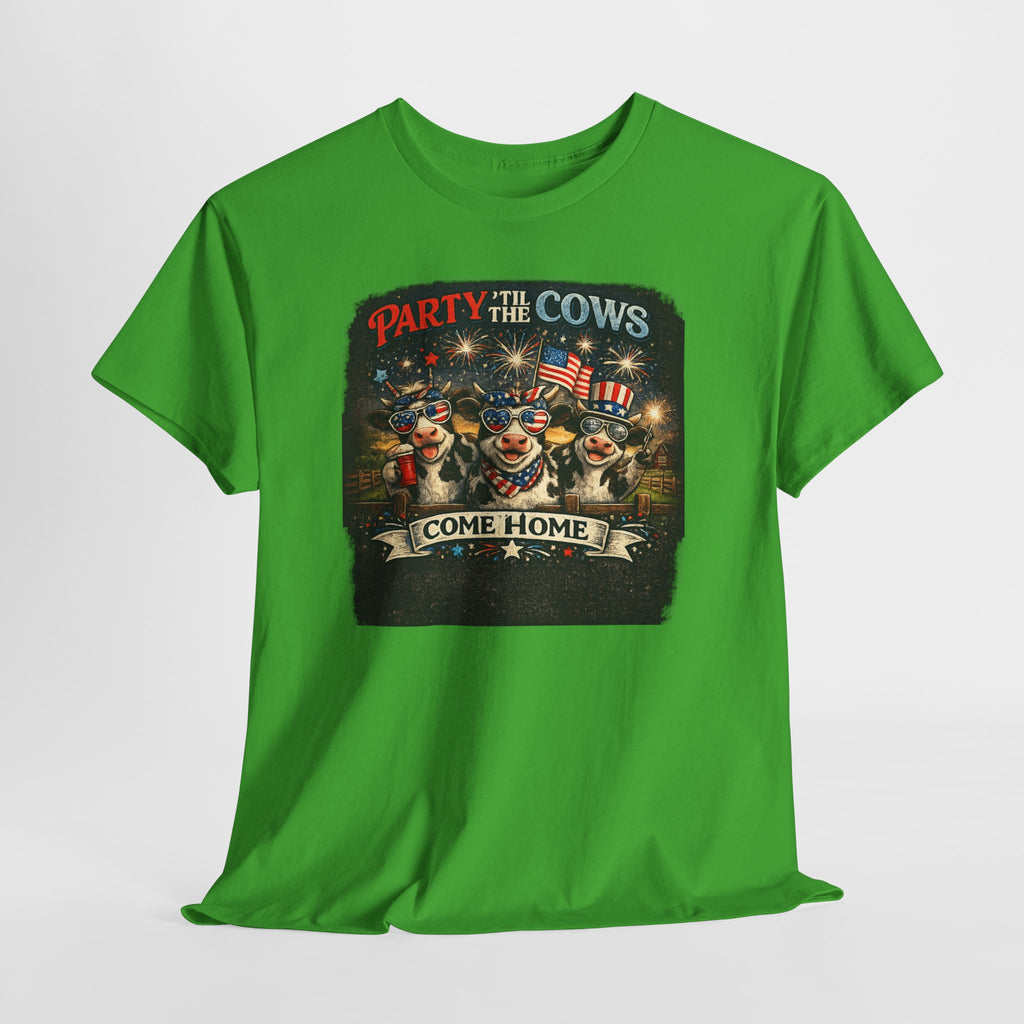 Independence Day 'Party 'Til the Cows Come Home' T-Shirt — Fireworks & Cow Graphic