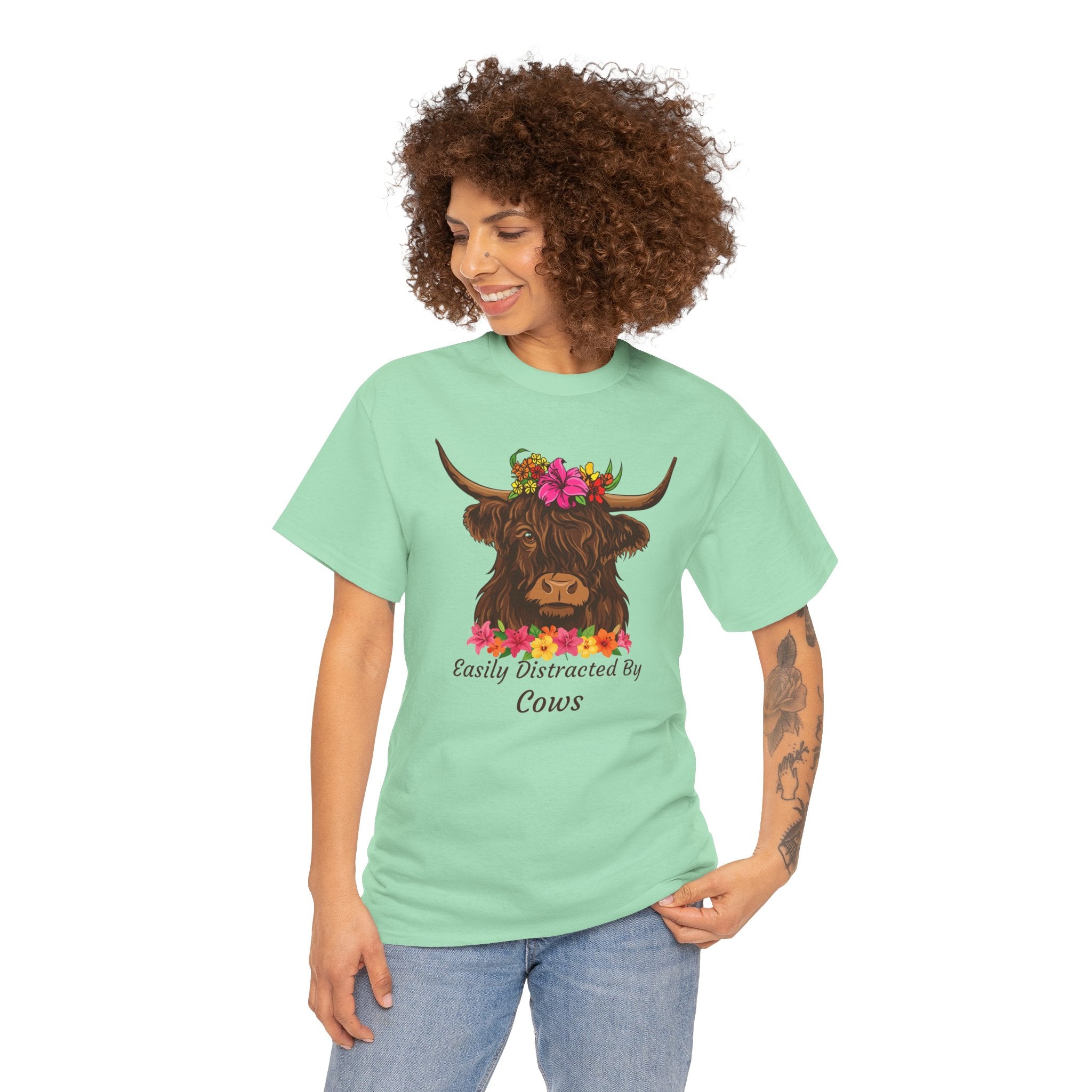 Highland Cow Floral Tee — "Easily Distracted by Cows" Cute Cow Graphic T-Shirt