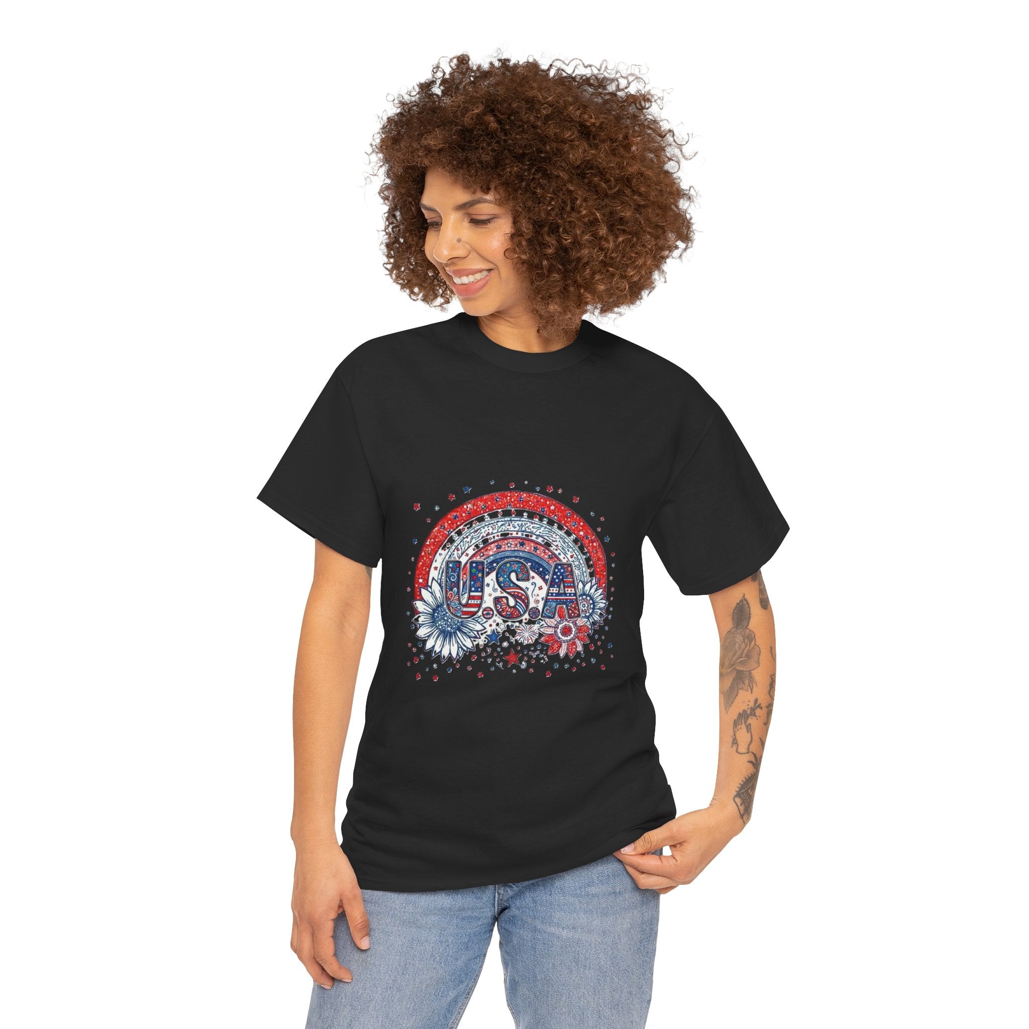 USA Retro Rainbow T-Shirt — Patriotic Fourth of July Tee with Stars & Flowers