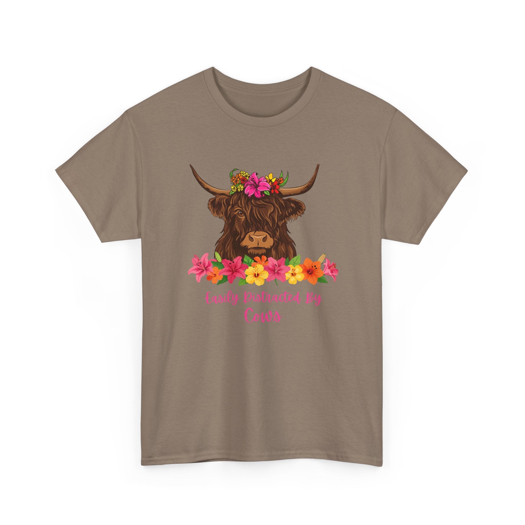 Cow Mom Floral Tee — 'Easily Distracted By Cows' Highland Cow Graphic Shirt