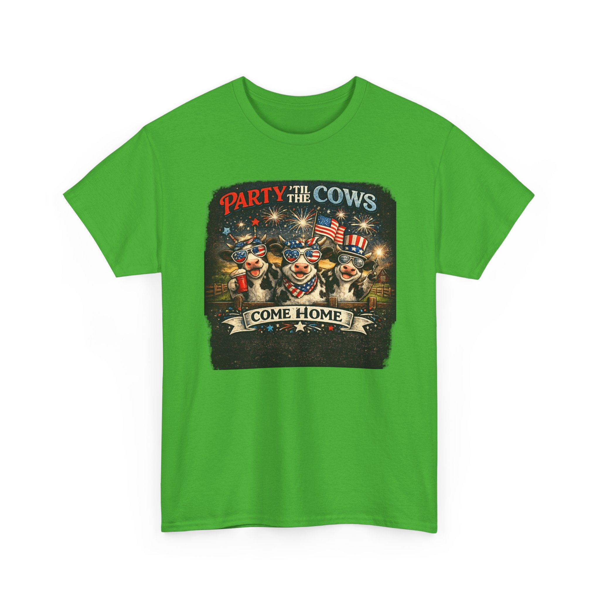 Independence Day 'Party 'Til the Cows Come Home' T-Shirt — Fireworks & Cow Graphic
