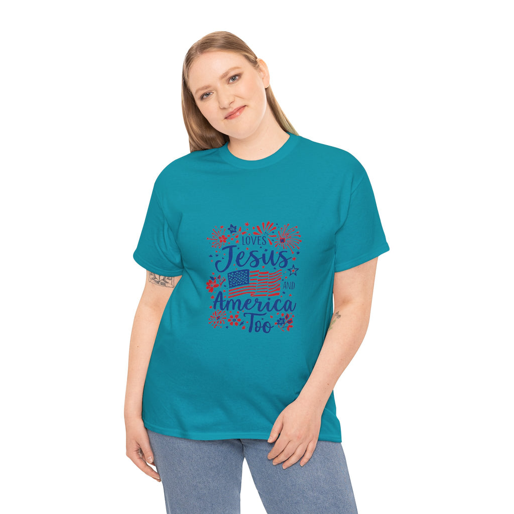 Jesus and America Tee — Patriotic Christian T-Shirt ("Loves Jesus and America Too")