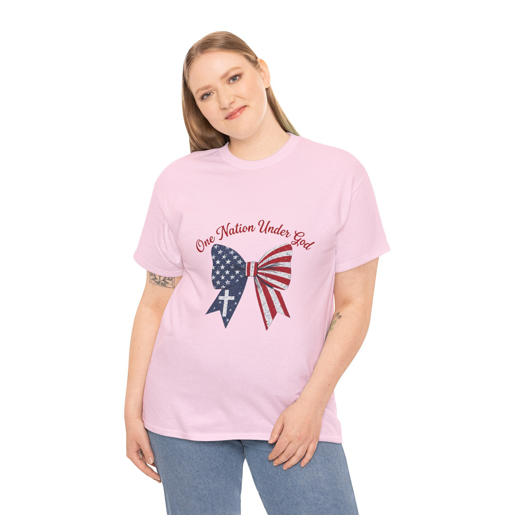 Patriotic Bow Tee — "One Nation Under God" American Flag Cross T-Shirt