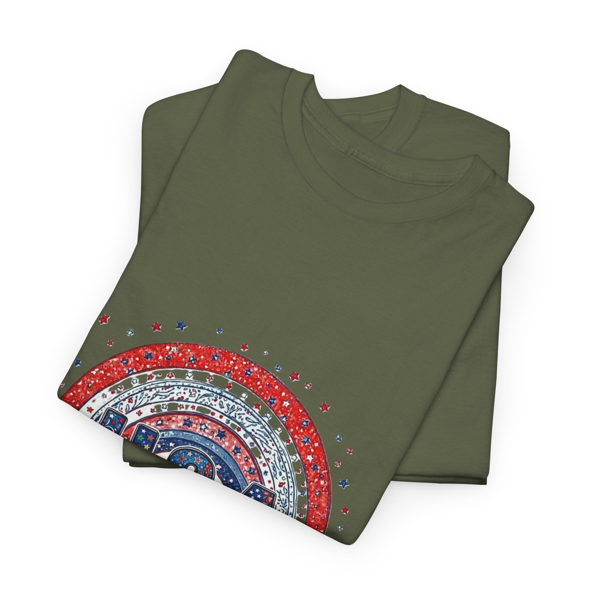 USA Retro Rainbow T-Shirt — Patriotic Fourth of July Tee with Stars & Flowers