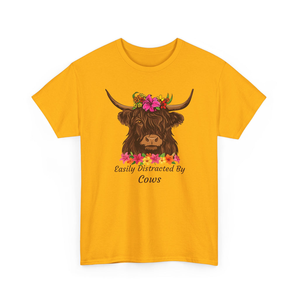 Highland Cow Floral Tee — "Easily Distracted by Cows" Cute Cow Graphic T-Shirt
