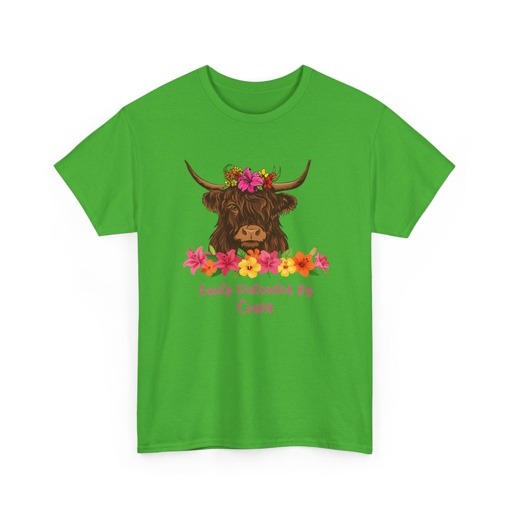 Cow Mom Floral Tee — 'Easily Distracted By Cows' Highland Cow Graphic Shirt