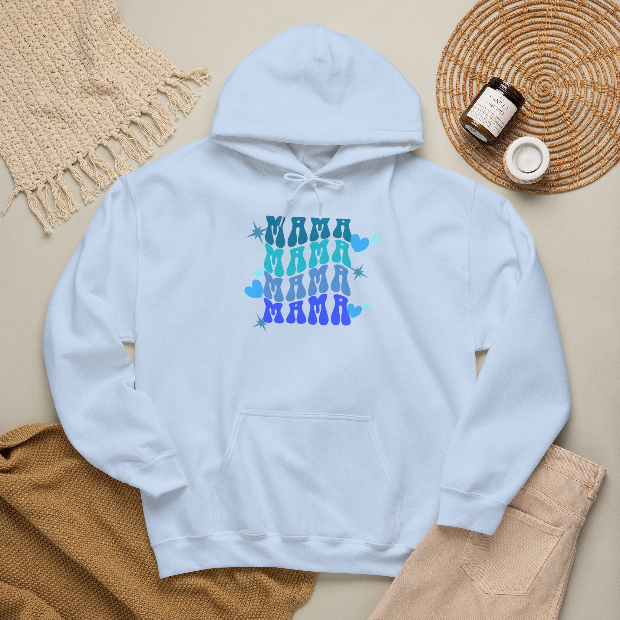 Mama Heart Crewneck Hoodie – Blue Gradient “MAMA” Graphic Sweatshirt