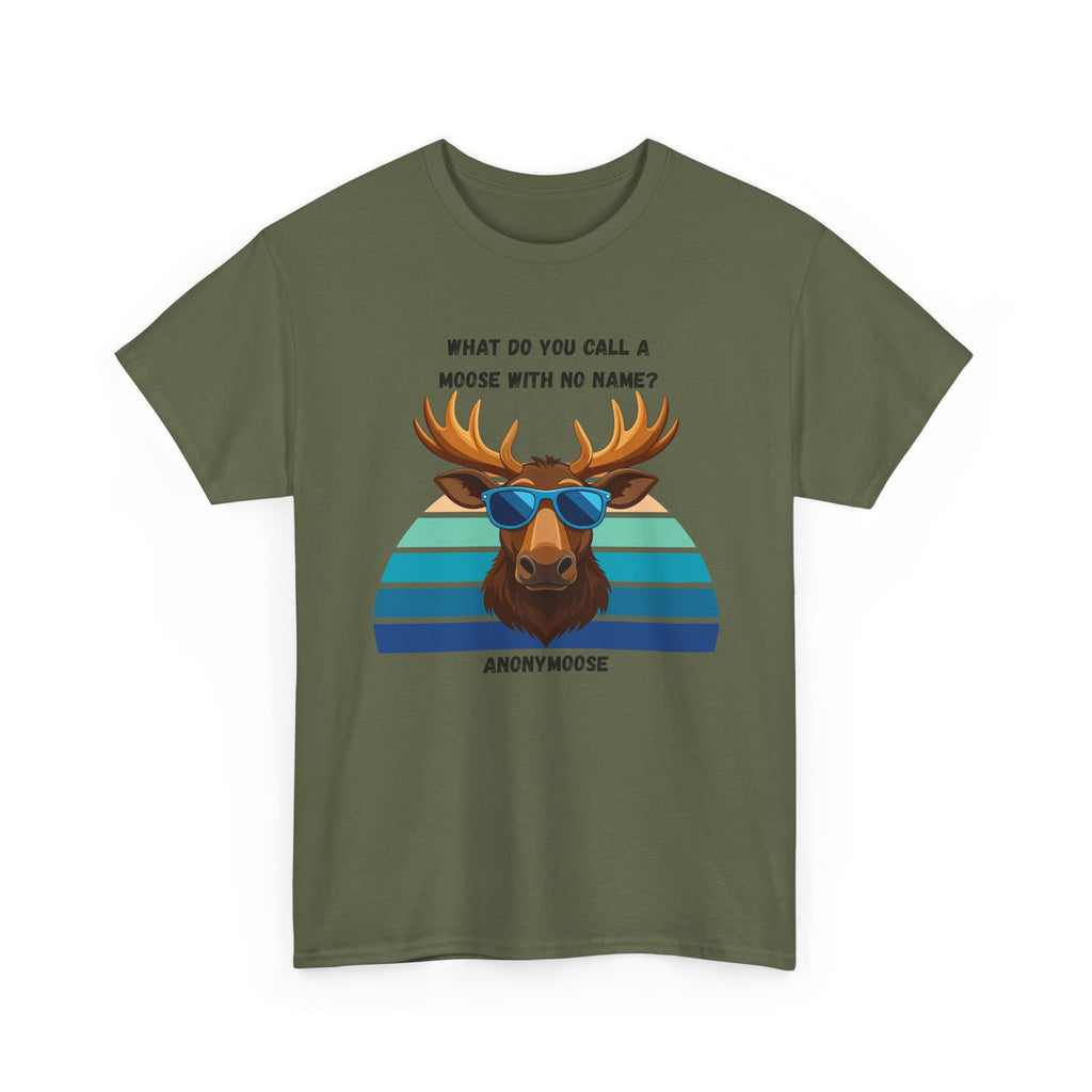 Funny Moose T-Shirt — 'What Do You Call a Moose With No Name? Anonymoose' Retro Sunglasses Tee