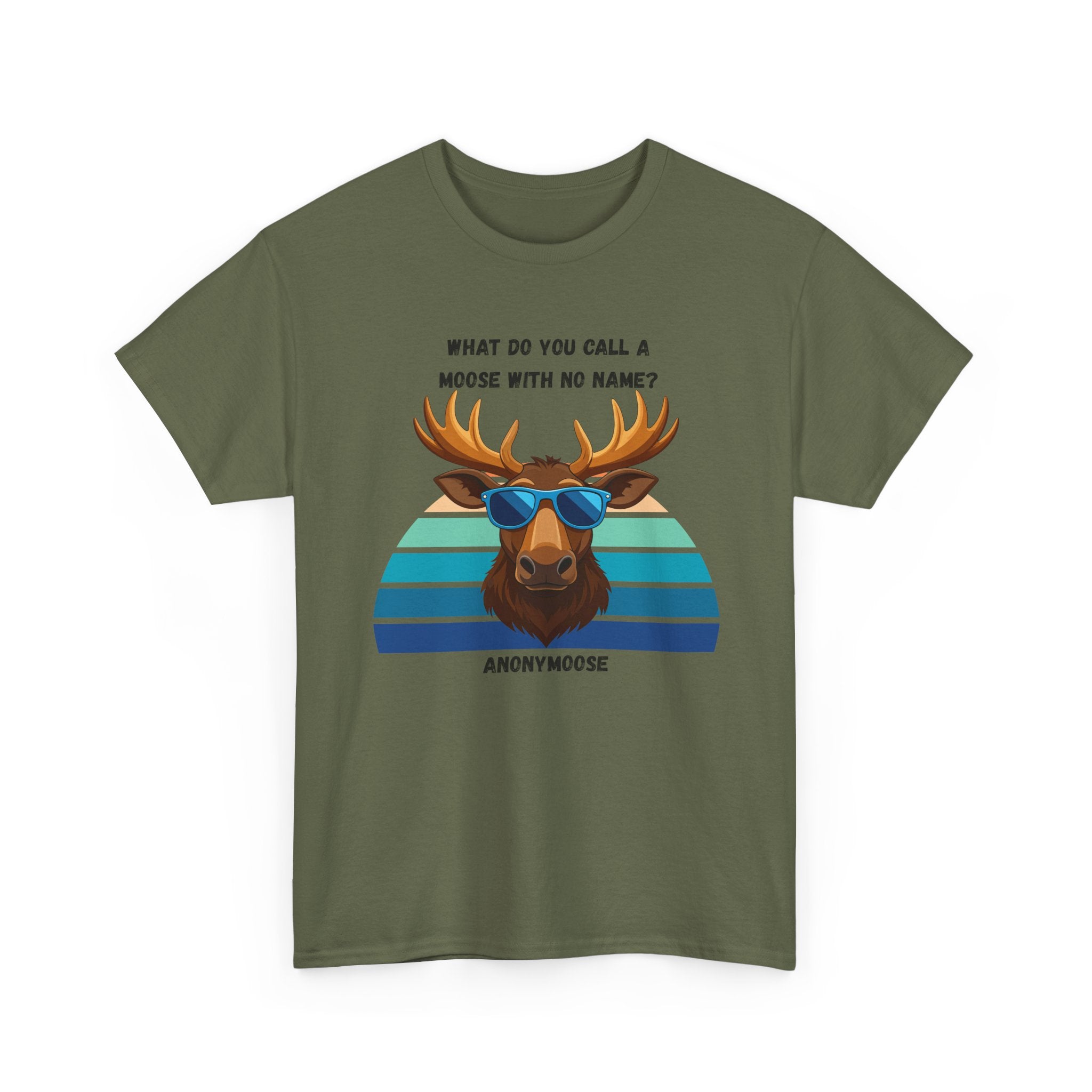 Funny Moose T-Shirt — 'What Do You Call a Moose With No Name? Anonymoose' Retro Sunglasses Tee