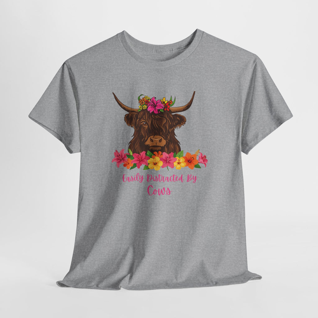 Cow Mom Floral Tee — 'Easily Distracted By Cows' Highland Cow Graphic Shirt