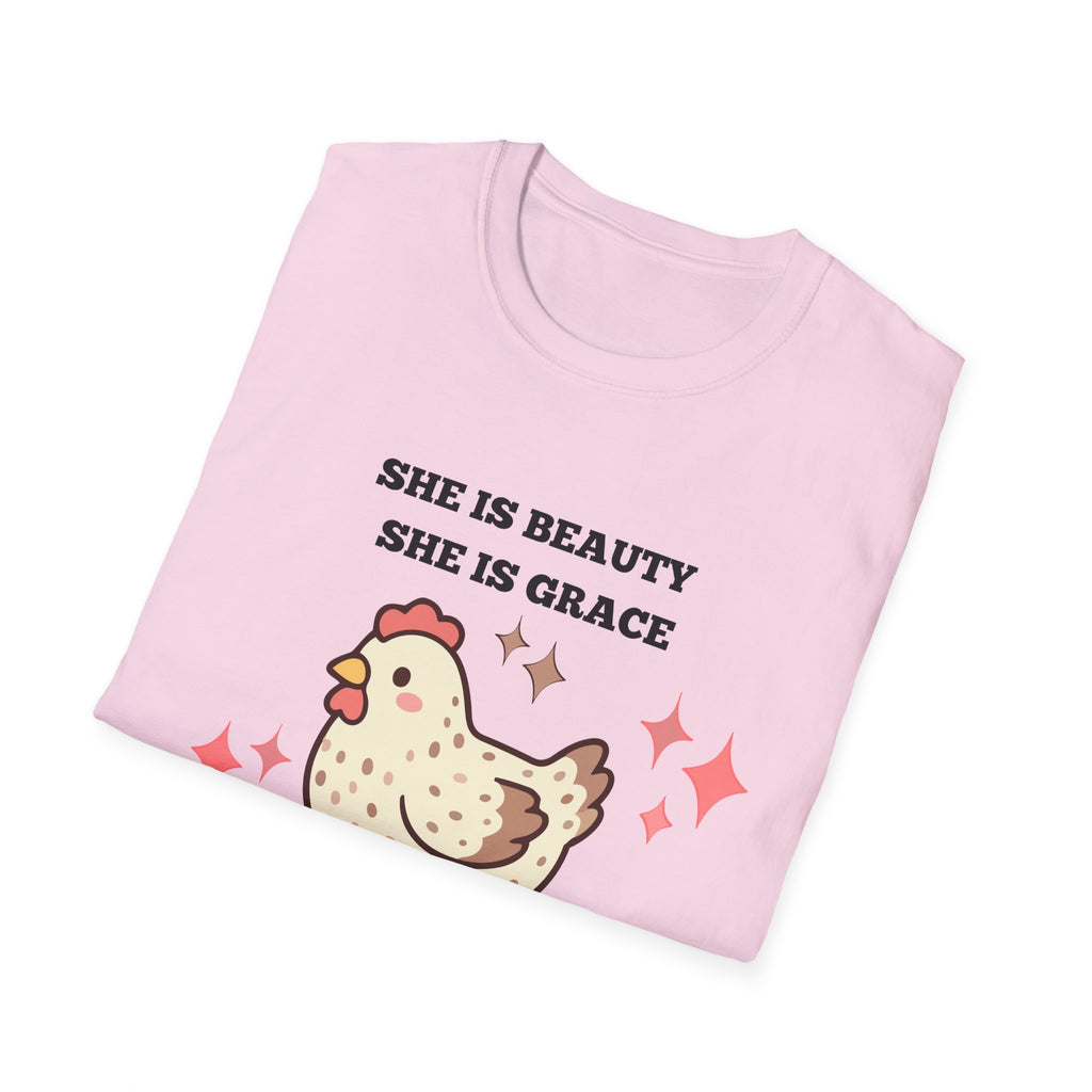 Chicken Tee — "She Is Beauty, She Is Grace, She Will Pech You in the Face" Funny Farm Animal T-Shirt