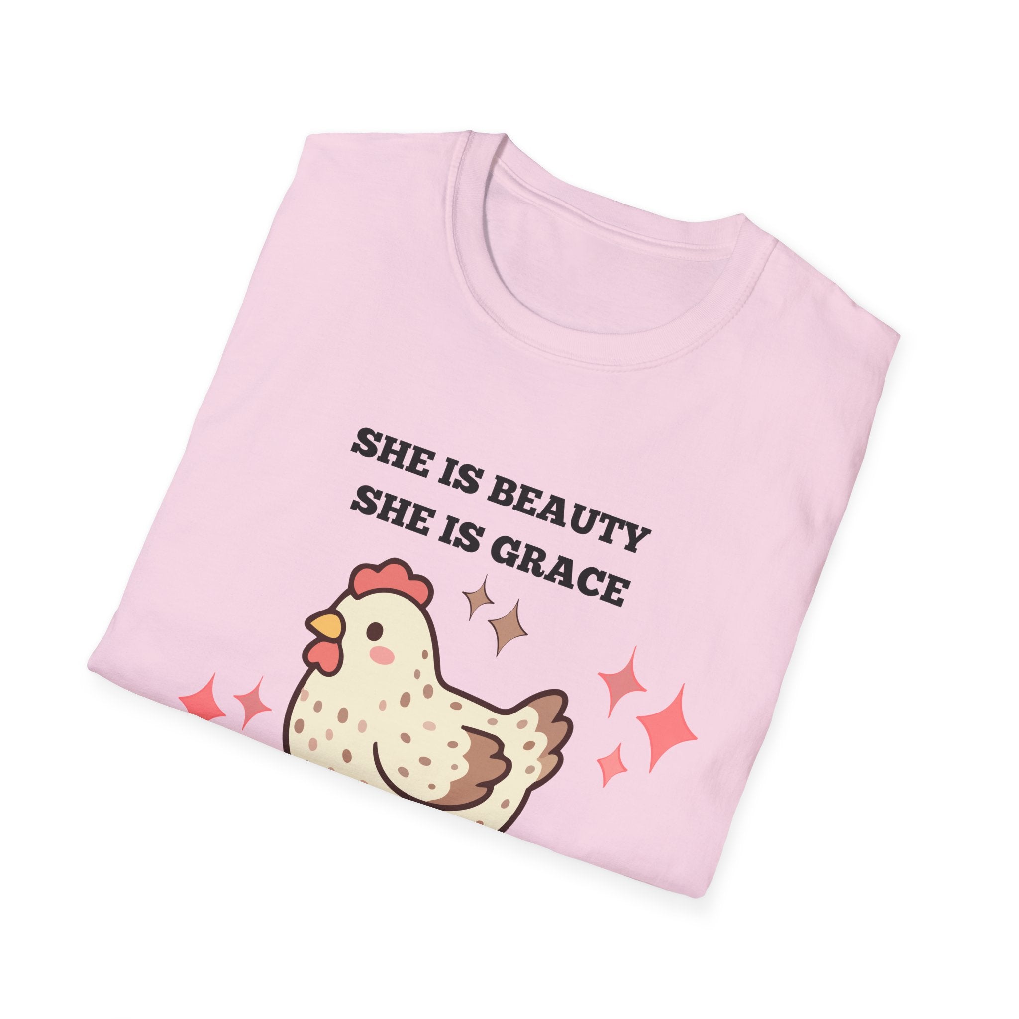 Chicken Tee — "She Is Beauty, She Is Grace, She Will Pech You in the Face" Funny Farm Animal T-Shirt