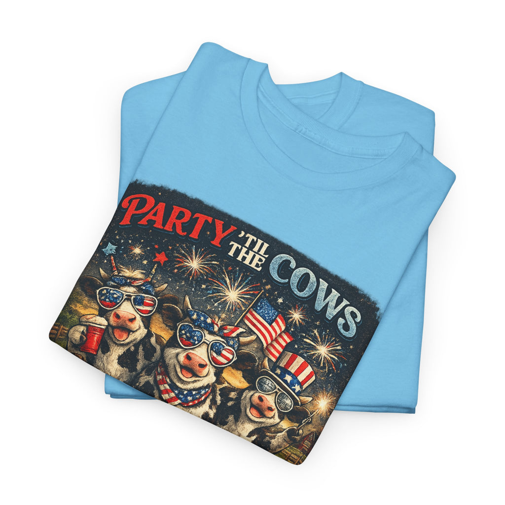 Independence Day 'Party 'Til the Cows Come Home' T-Shirt — Fireworks & Cow Graphic