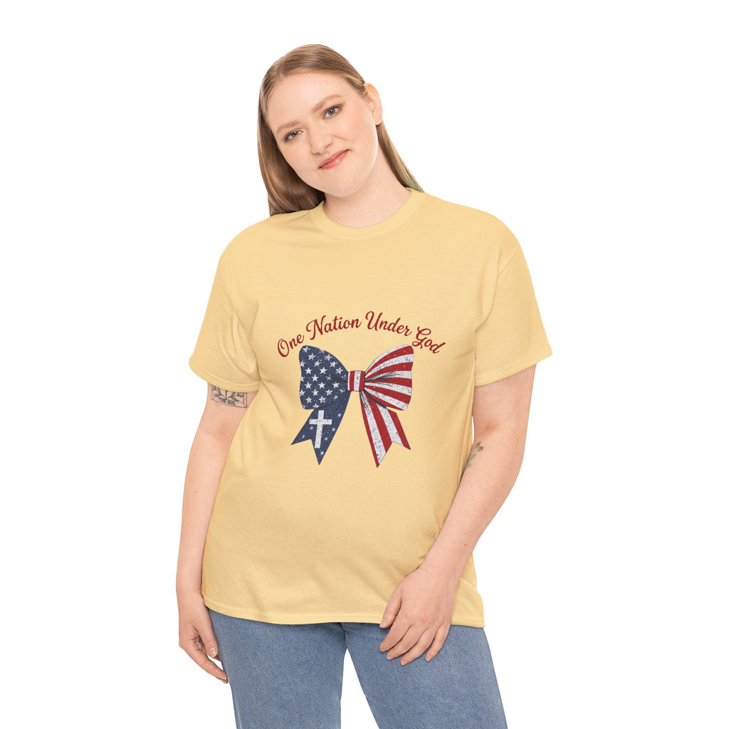 Patriotic Bow Tee — "One Nation Under God" American Flag Cross T-Shirt
