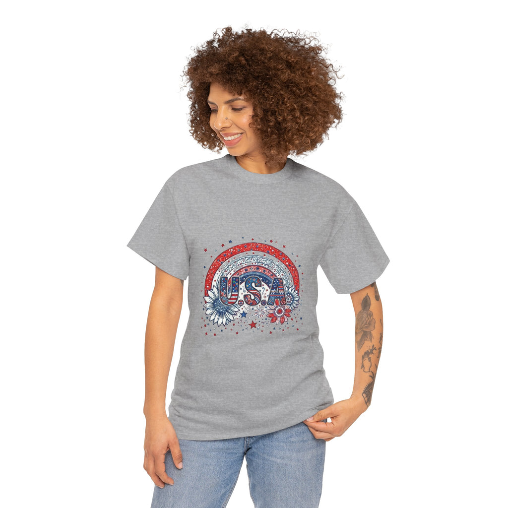 USA Retro Rainbow T-Shirt — Patriotic Fourth of July Tee with Stars & Flowers